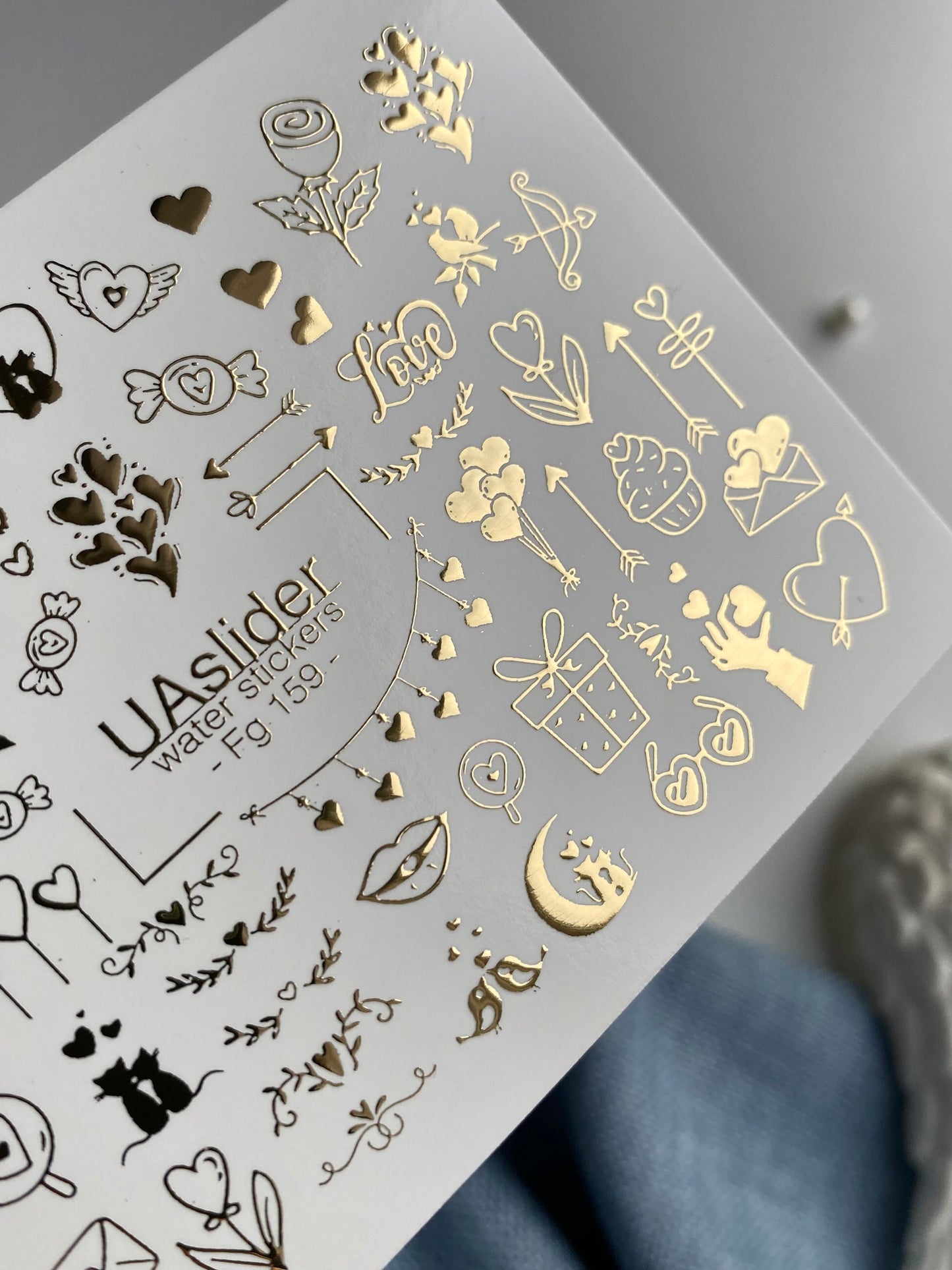 ملصقات أظافر مائية Fg-159 | ملصقات أظافر شريحة مائية بورق ذهبي | حب رومانسي ولمسات لطيفة