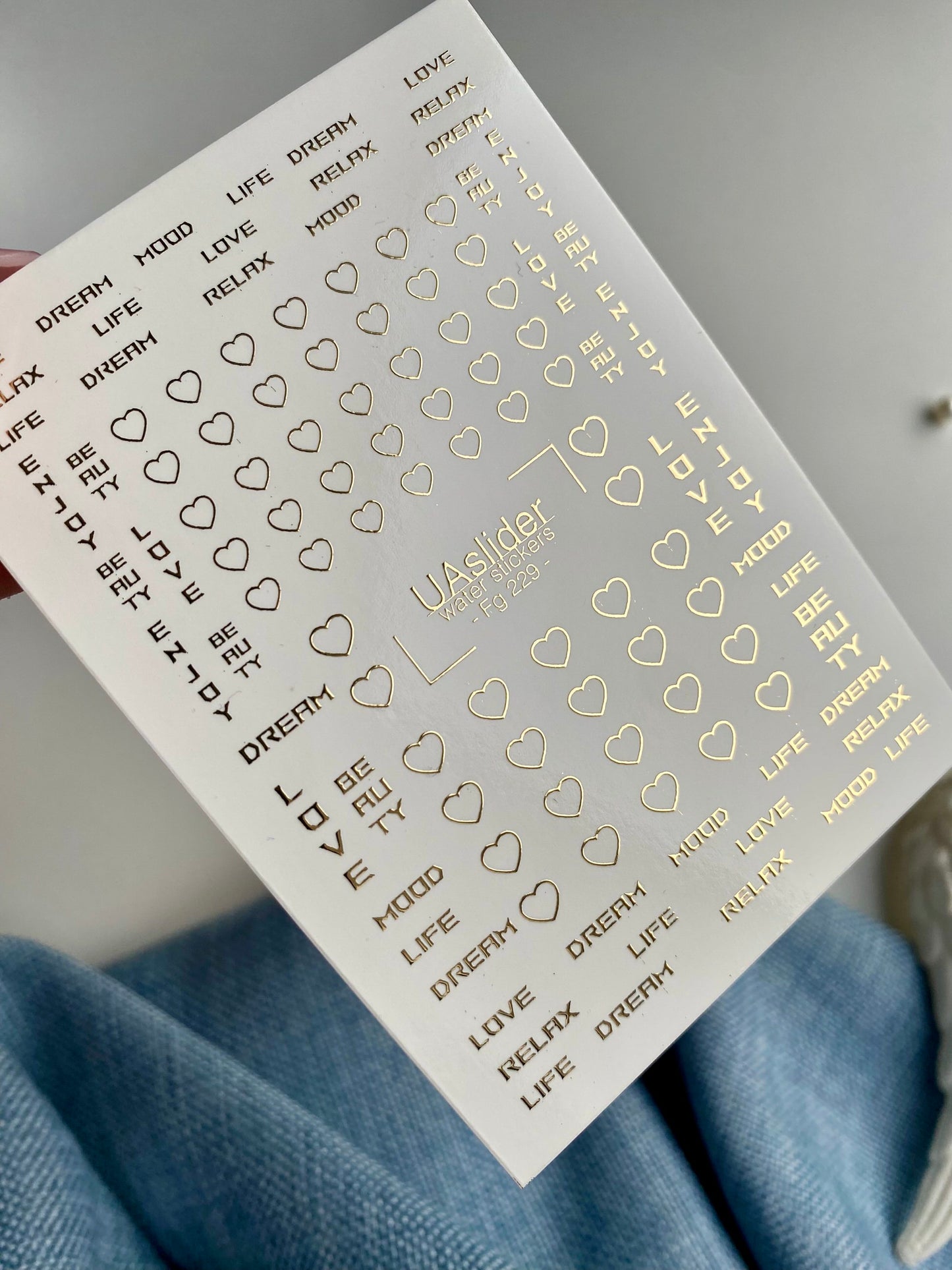 Nail Water Decal Fg-229 | Water Slide Nail Decals | Gold Foil Words & Heart Accents