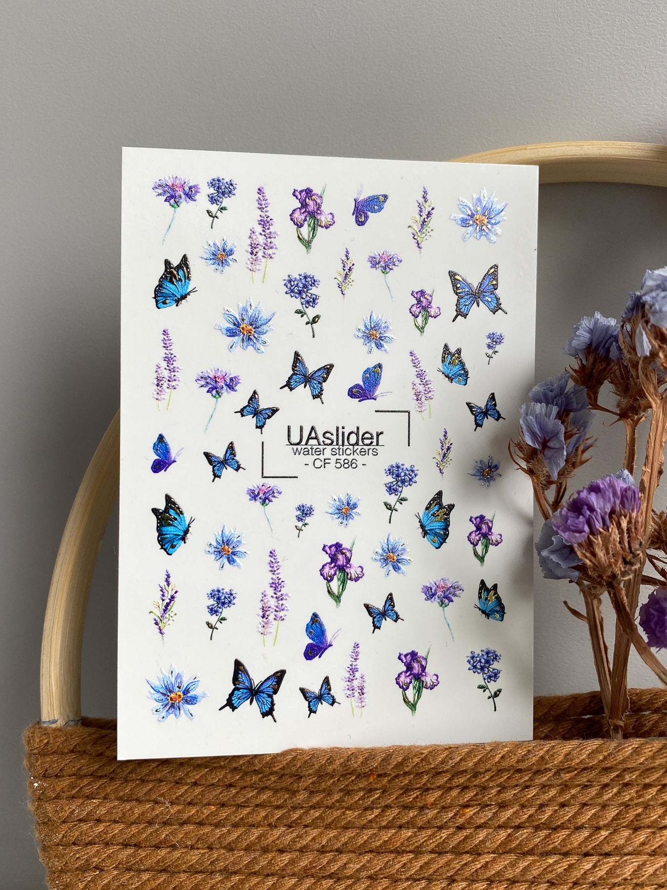 Nail Water Decal CF-586 | Water Slide Nail Decals with Blue Flowers and Butterflies | Lavender & Cornflower Nail Stickers