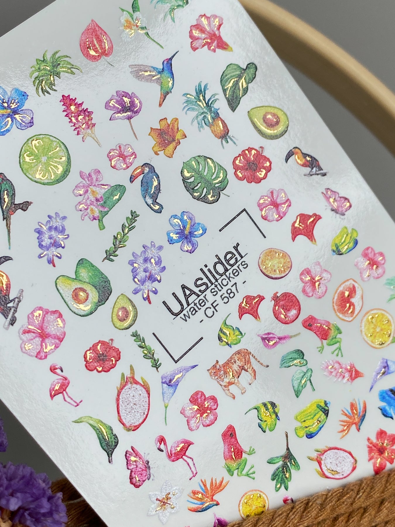 Nail Water Decal CF-587 | Tropical Nail Water Decals with Exotic Flowers and Fruits | Flamingo, Toucan & Hummingbird Nail Stickers