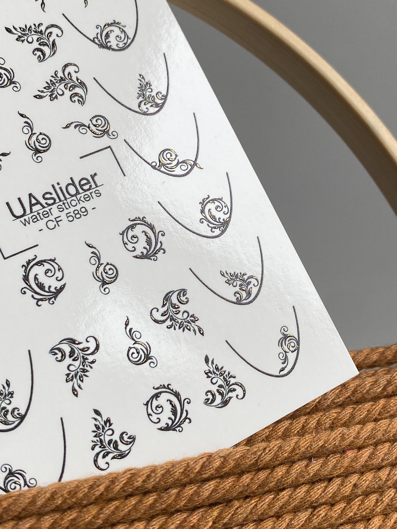 Nail Water Decal CF-589 | Elegant Nail Water Decals with Ornamental Swirls | Golden Pattern French Nail Stickers