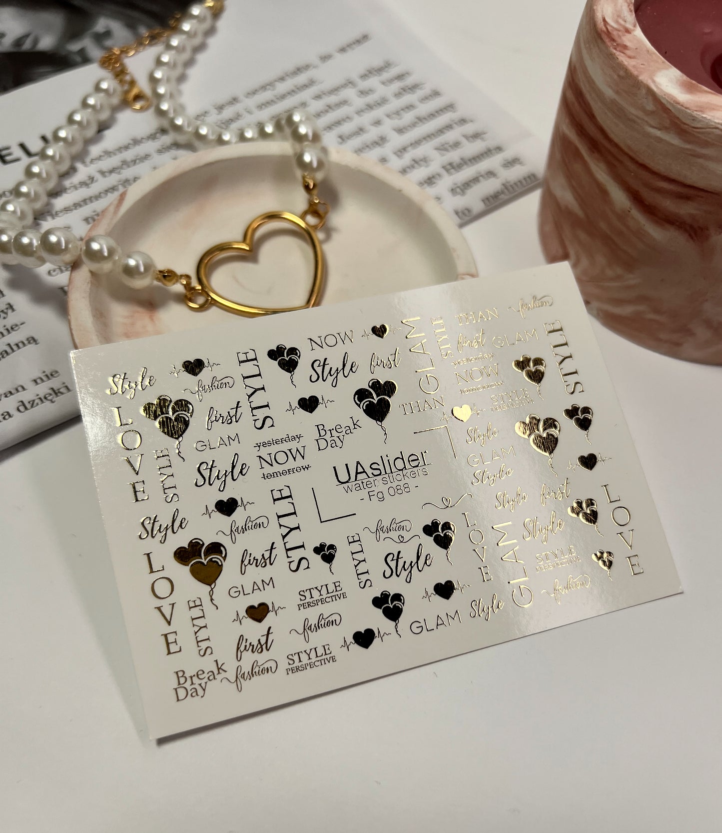 Decalcomanii de apă pentru unghii Fg-088 | Decalcomanii pentru unghii cu folie aurie și alunecare pe apă | Stil glam și citate despre dragoste