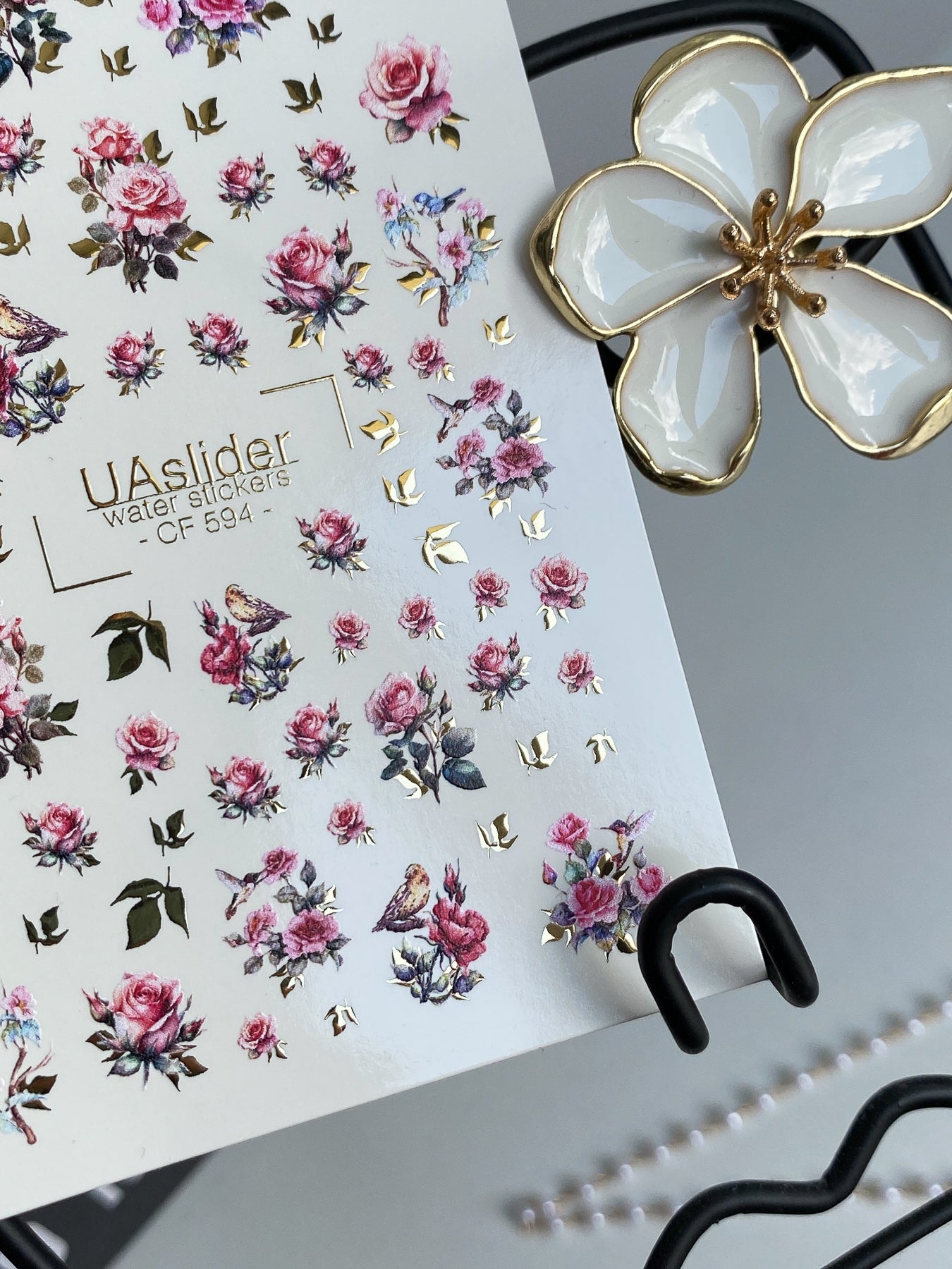 Nagel Water Decal CF-594 | Romantische Roze Rozen Nagel Water Decals | Elegante Bloemenstickers met Goud en Vogels