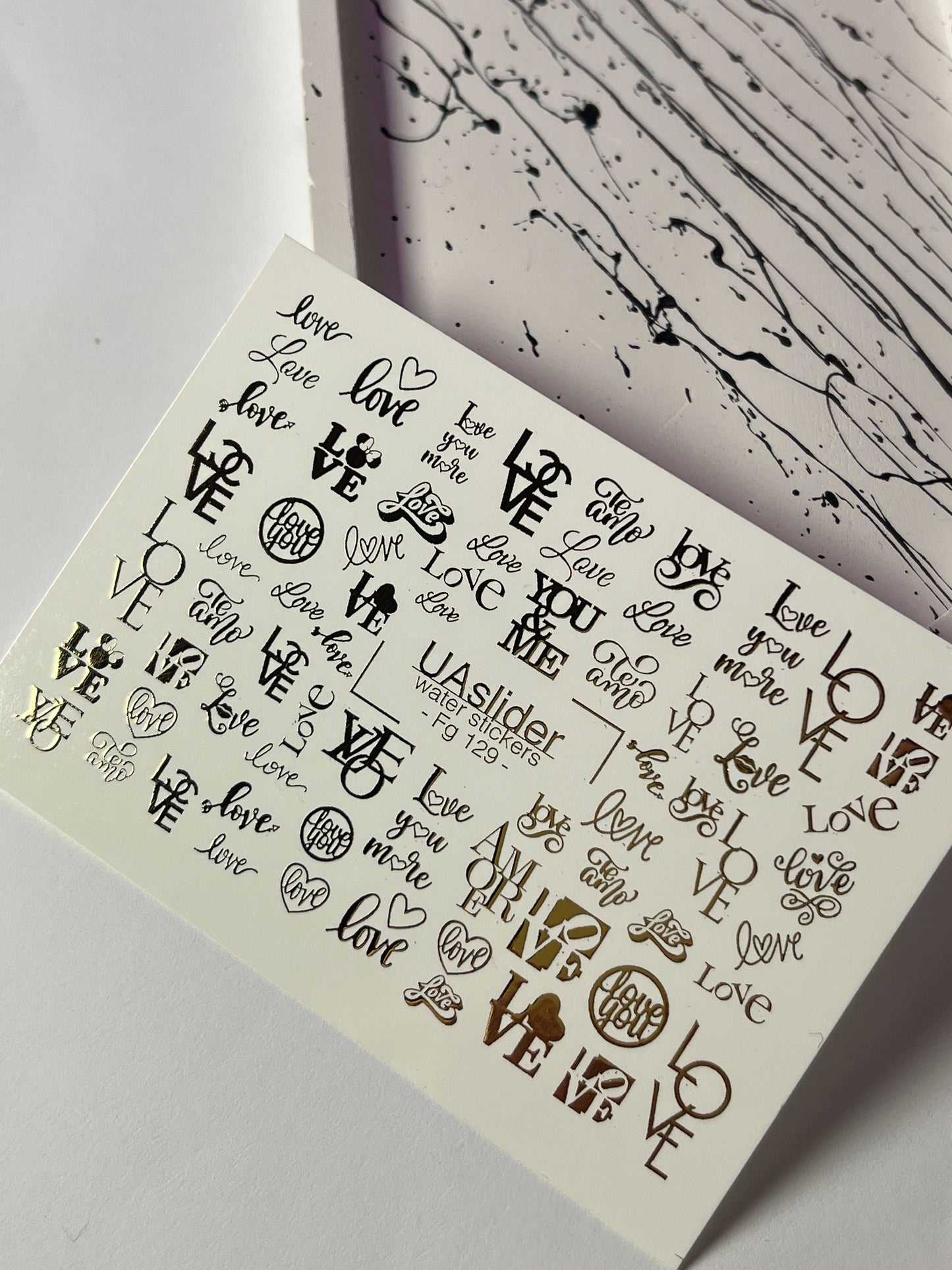 Nail Water Decal Fg-129 | Water Slide Nail Decals with Gold Love Letters | Romantic Nail Art