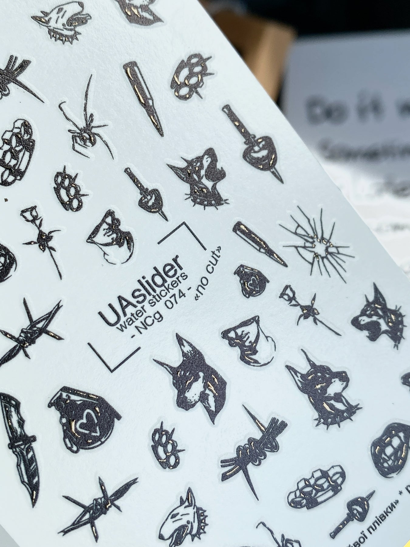 Nail Water Decal NCg-074 | Water Slide Nail Decals Dark Gothic Style | Doberman, Knives and Barbed Wire