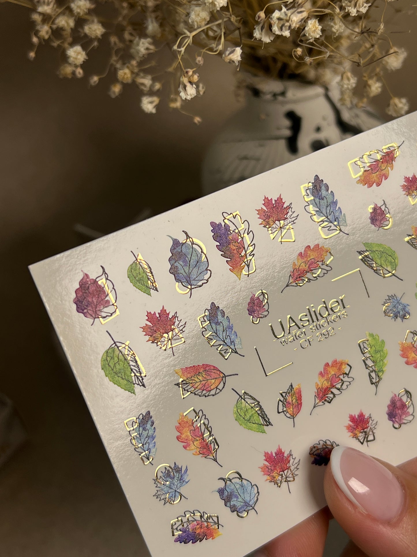 Nail Water Decal CF-292 | Rainbow Autumn Water Slide Nail Decals | Colorful Fall Leaves & Geometric Accents