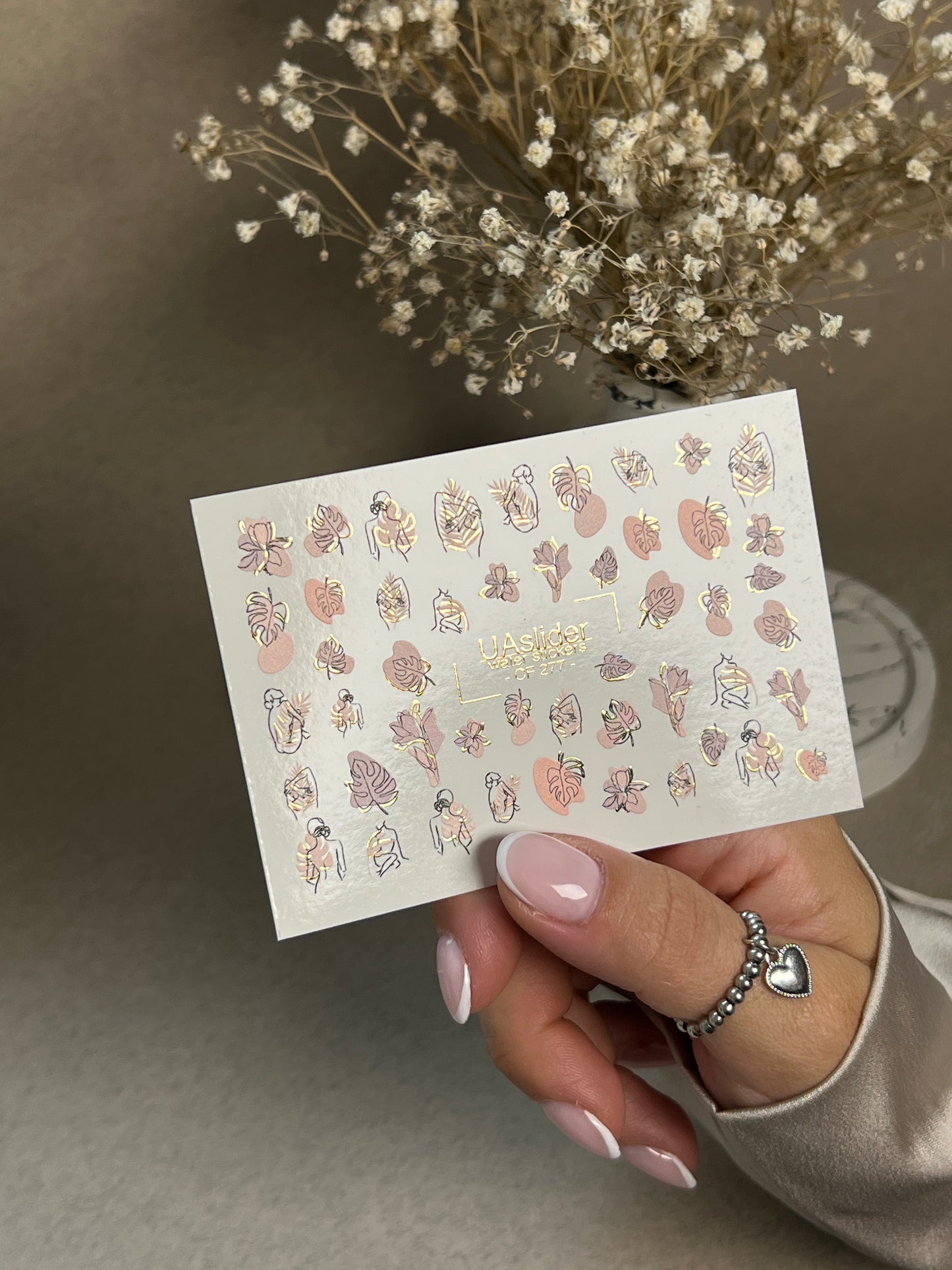 Nail Water Decal CF-277 | Abstract Water Slide Nail Decals | Female Silhouettes, Tropical Leaves & Gold Accents