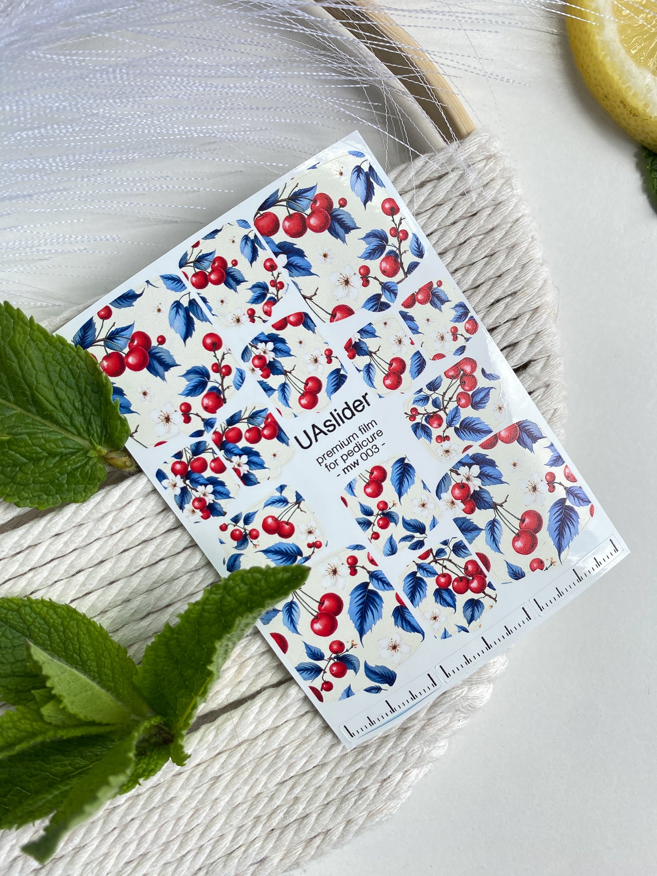 Pedicure nail wrap films mw-003 | Nail Wrap Films for Pedicure | Cherry & Blue Leaves Design