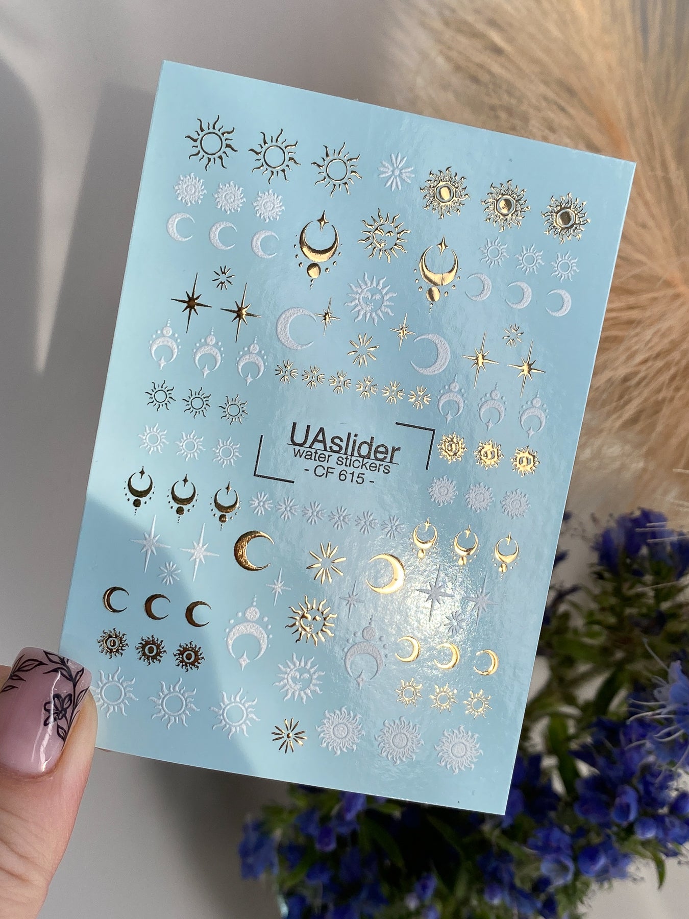 Nail Water Decal CF-615 | Celestial Water Slide Nail Decals | Moon, Sun & Stars Gold Foil
