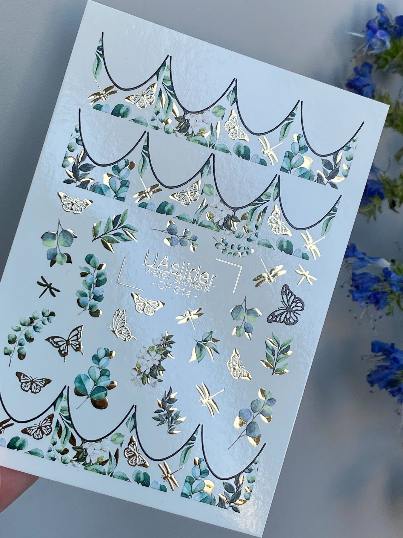 Nail Water Decal CF-614 | Botanical French Water Slide Nail Decals | Gold Foil Butterflies & Leaves
