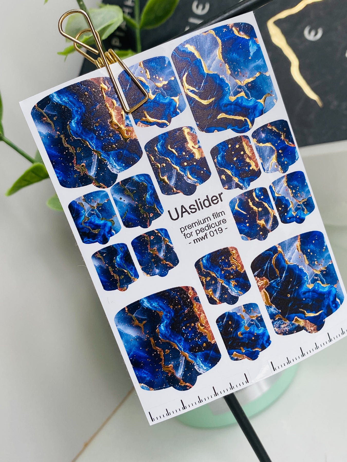 Pedicure nail wrap films mwf-019 | Nail Wrap Films for Pedicure | Galaxy Blue Marble with Gold Foil