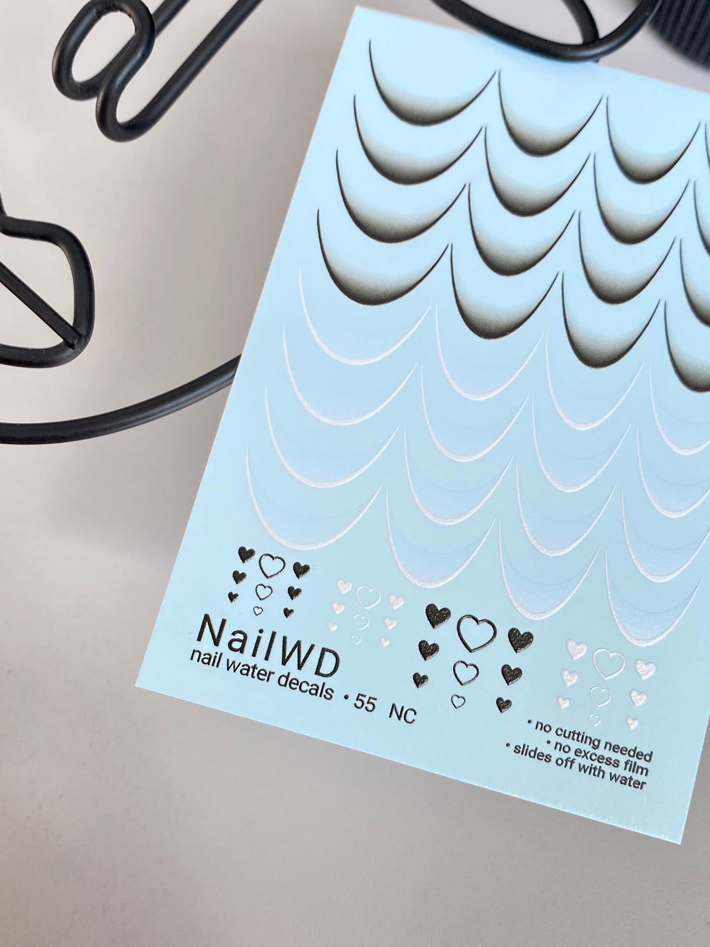 Nail Water Decal 55 NailWD | French Water Slide Nail Decals | Black & White Gradient Tips with Hearts