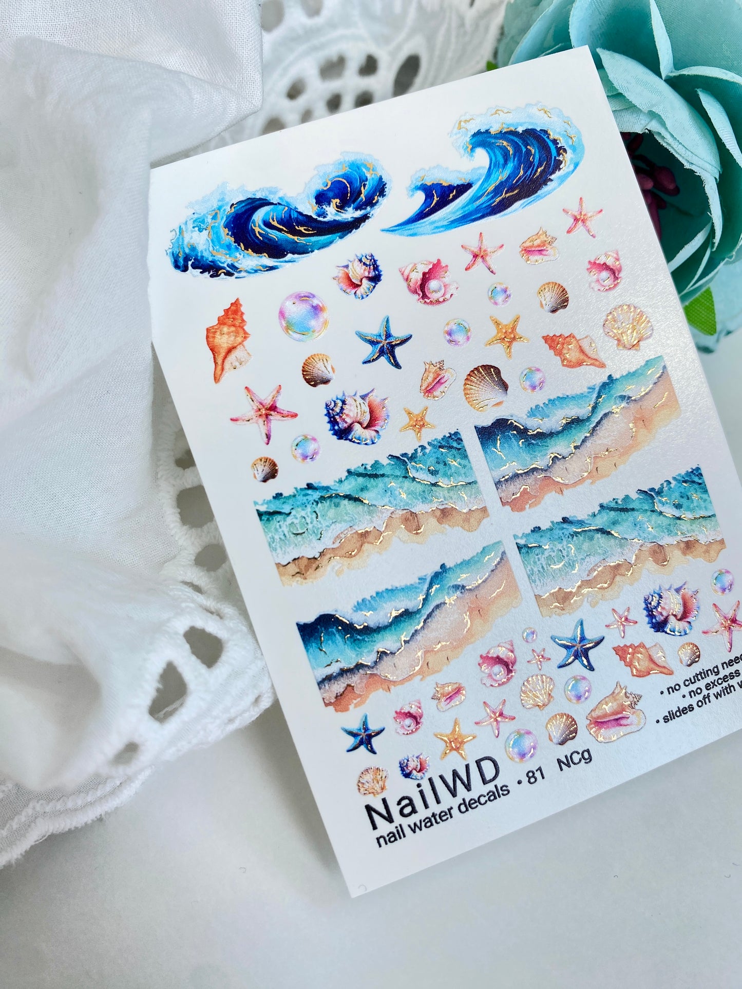 Nail Water Decal 81 NailWD | Water Slide Nail Decals Ocean Waves & Seashells | Beach Summer Art