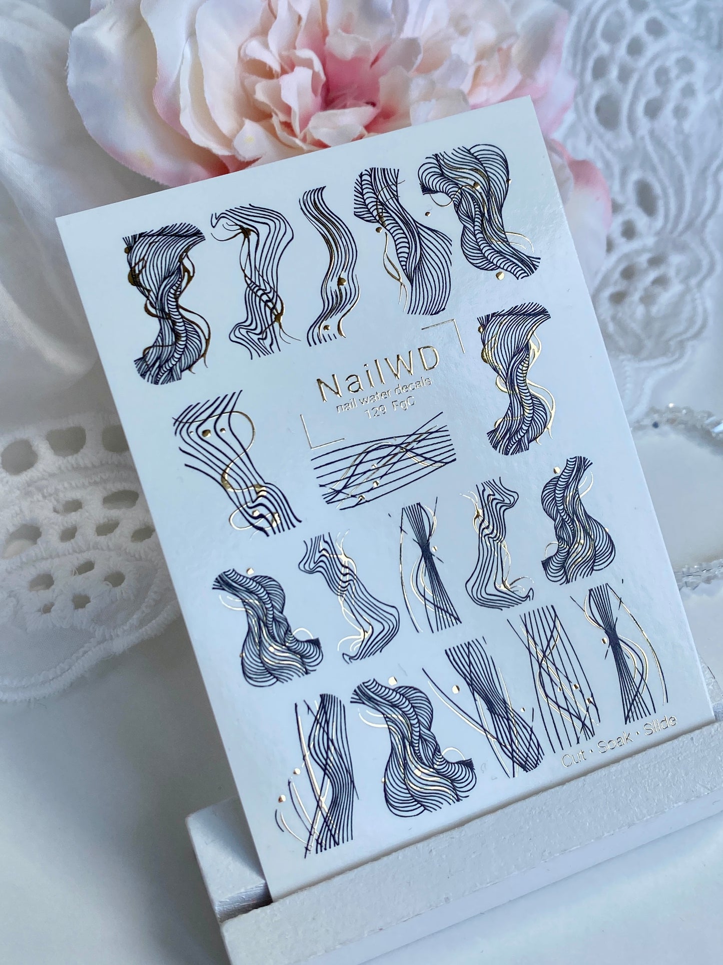 Nail Water Decal 129 NailWD | Water Slide Nail Decals Abstract Lines | Black & Gold Minimalist Design