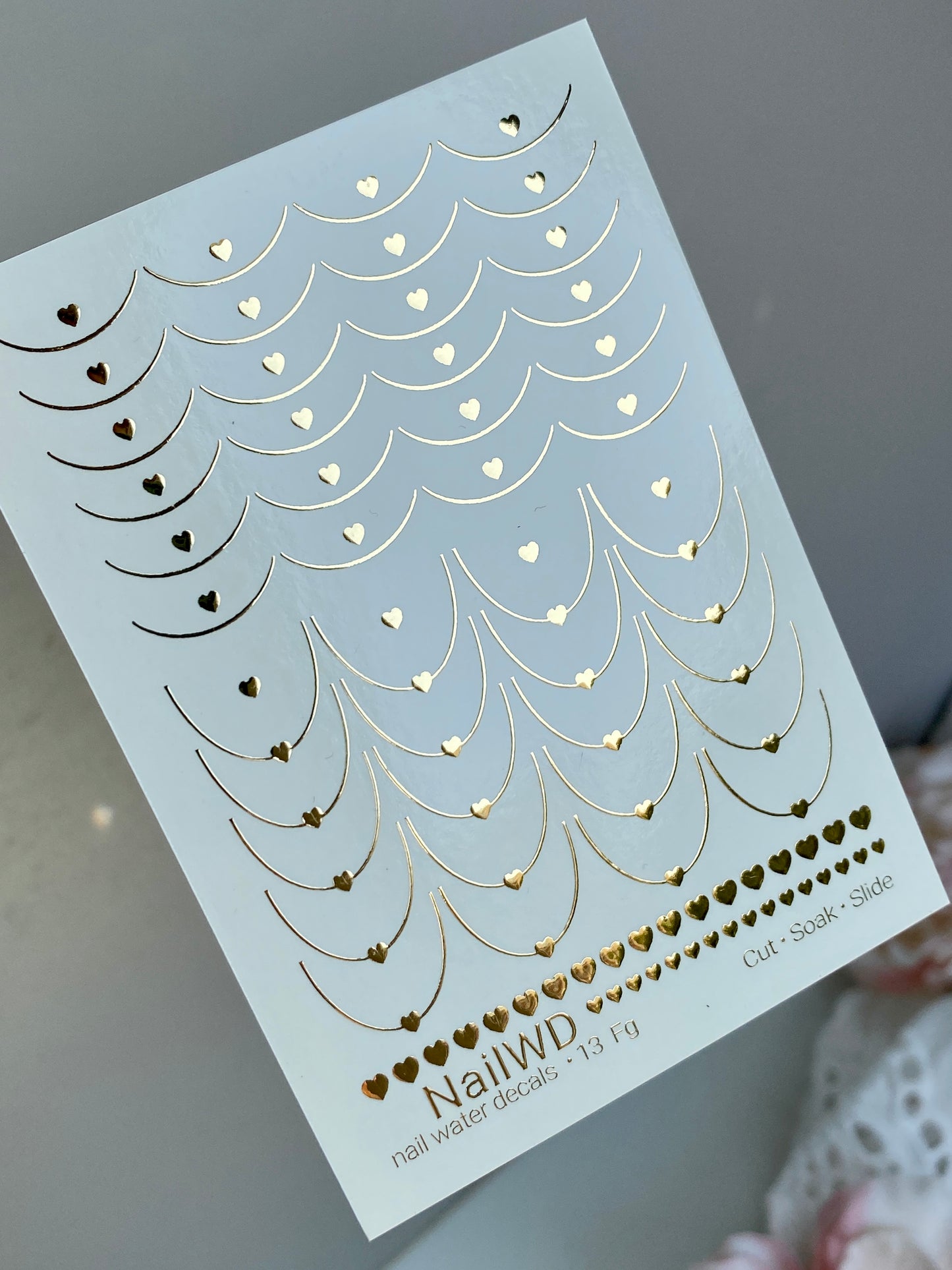 Nail Water Decal 13 NailWD | French Water Slide Nail Decals with Gold Hearts | Romantic French Line Nail Art