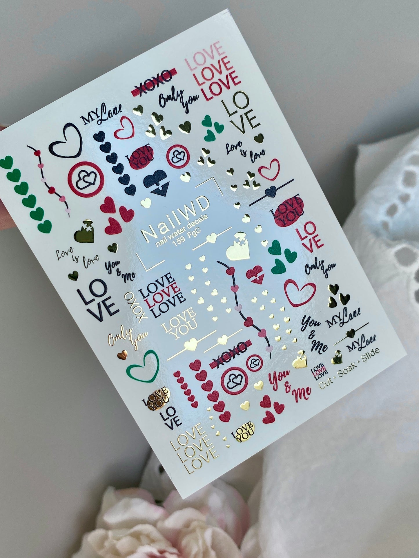 Nail Water Decal 159 Nail WD | Water Slide Nail Decals Love Letters | Nail Water Decals Valentine Hearts Design