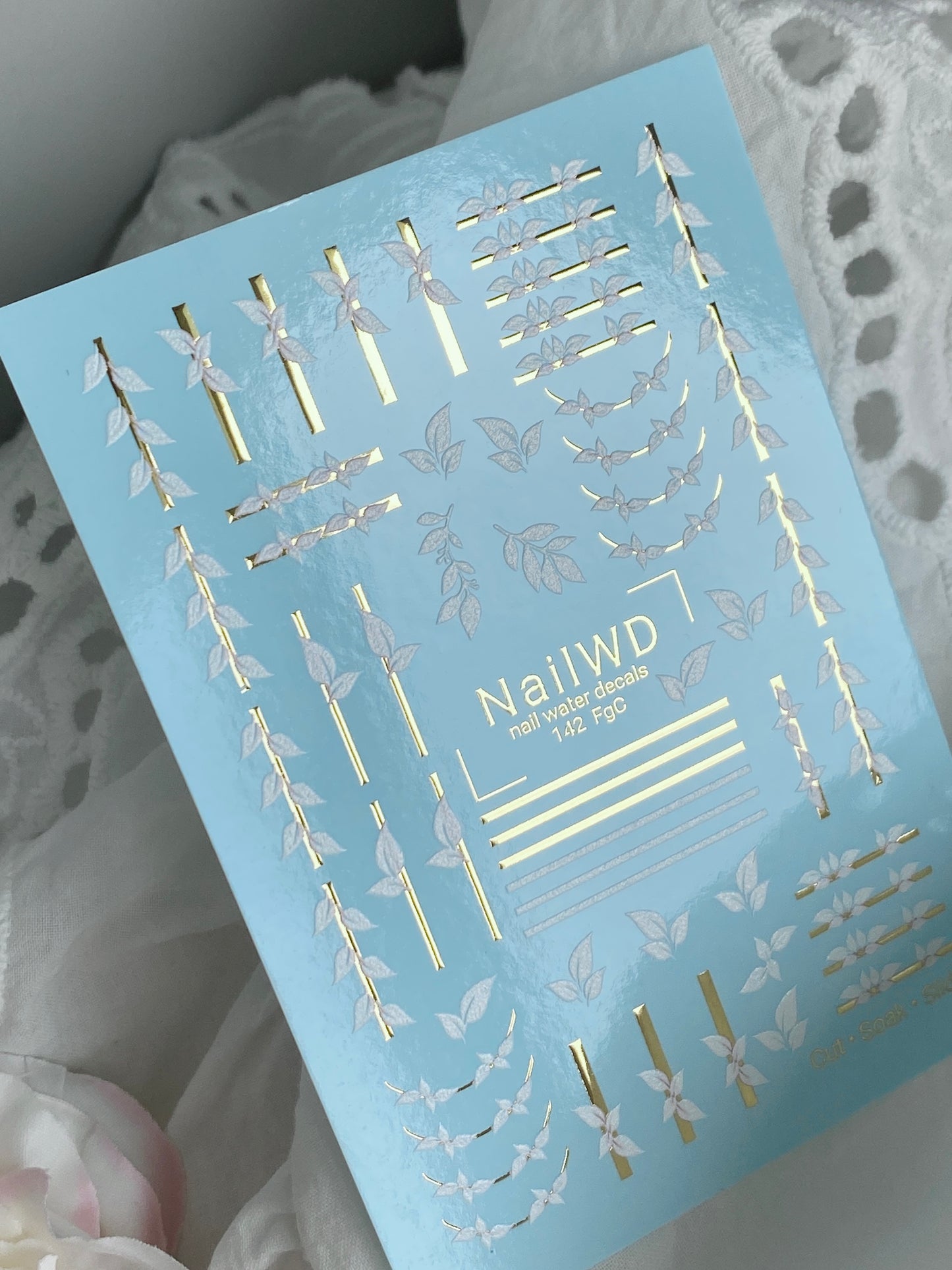 Nail Water Decal 142 NailWD | Water Slide Nail Decals White Leaves | Minimalist Botanical with Gold Stripes