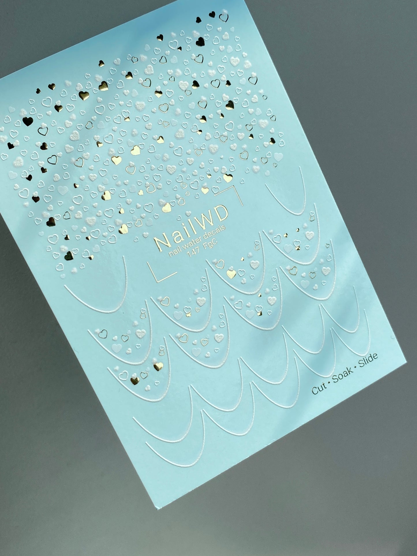 Nail Water Decal 147 NailWD | Water Slide Nail Decals White & Gold Hearts | Elegant Romantic French Design