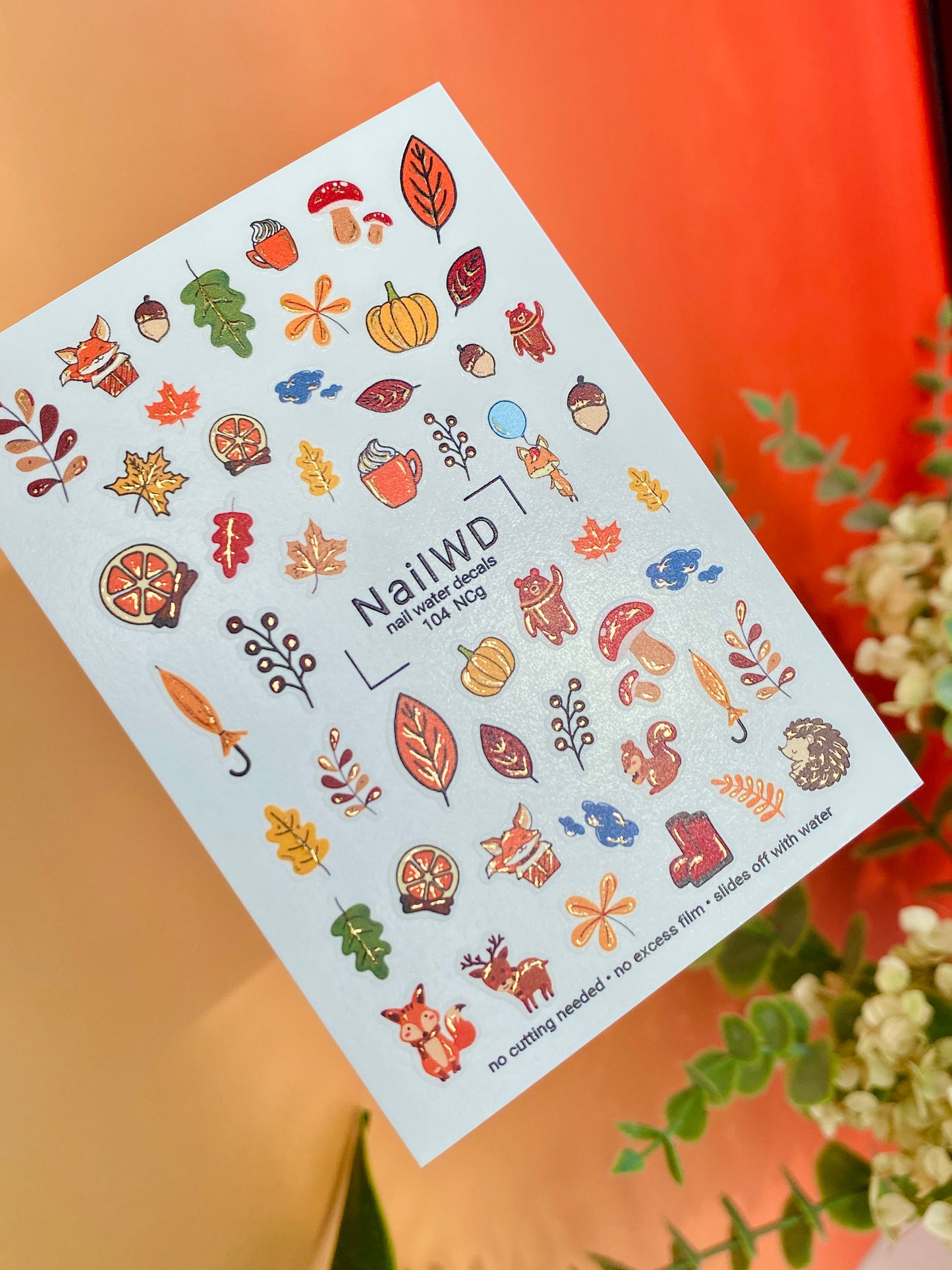 ملصق أظافر مائي 104 NailWD | ملصقات أظافر منزلقة مائية ثعالب الخريف والقرع | فن أظافر خريف لطيف مع حيوانات الغابة