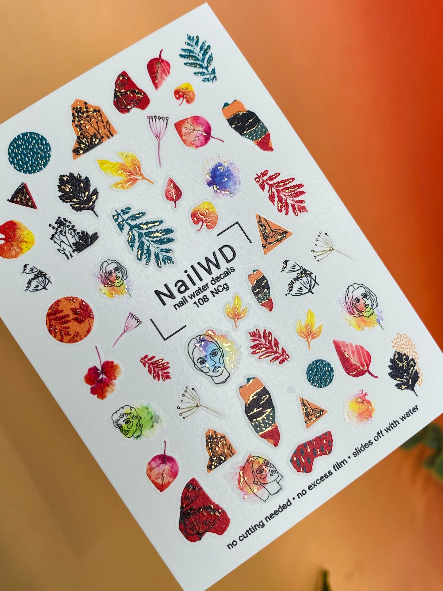 Nail Water Decal 108 NailWD | Water Slide Nail Decals Abstract Autumn | Artistic Faces and Leaves Nail Art