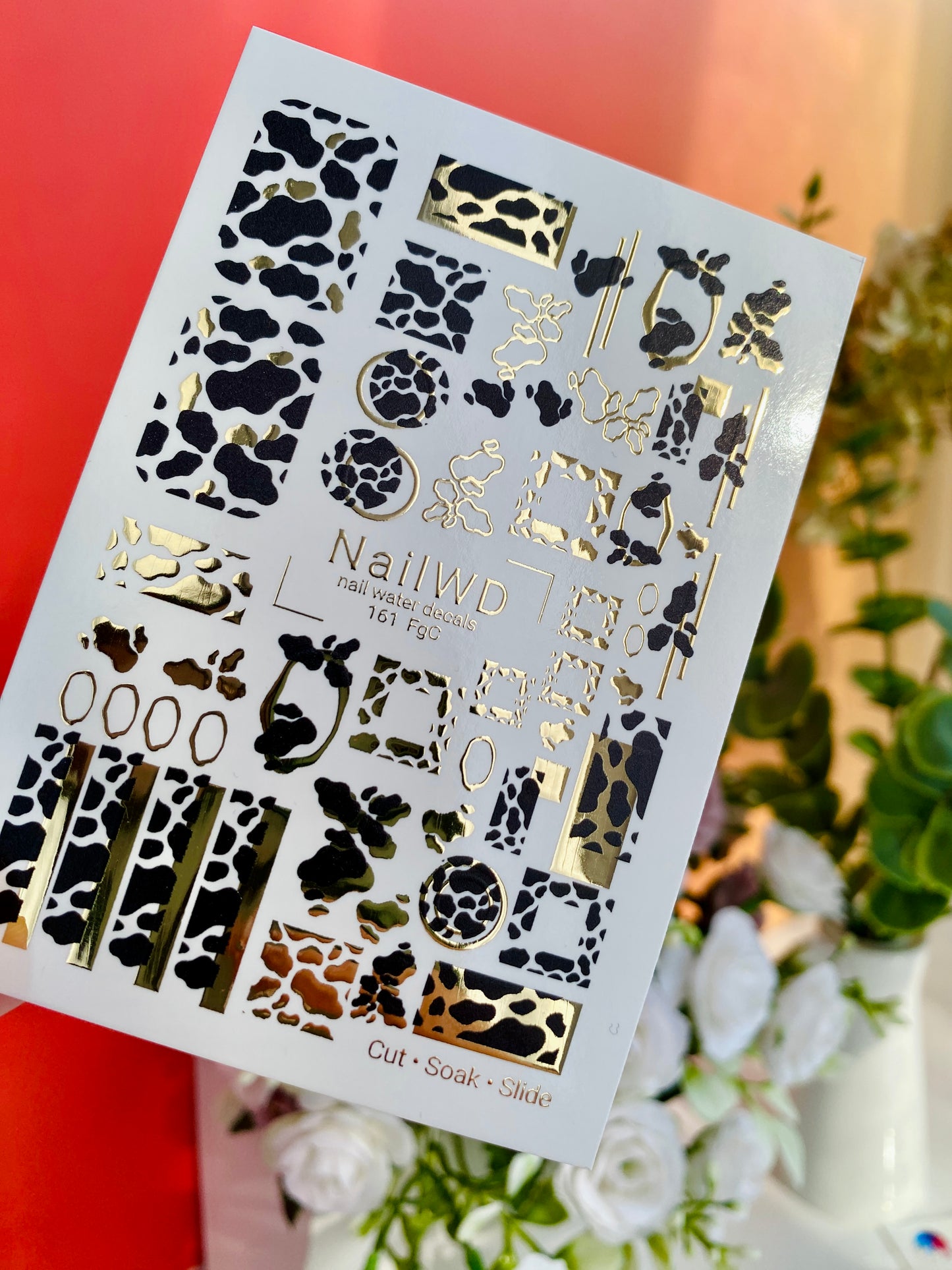 Nail Water Decal 161 Nail WD | Water Slide Nail Decals Cow Print with Gold Accents | Nail Water Decals Animal Pattern Design