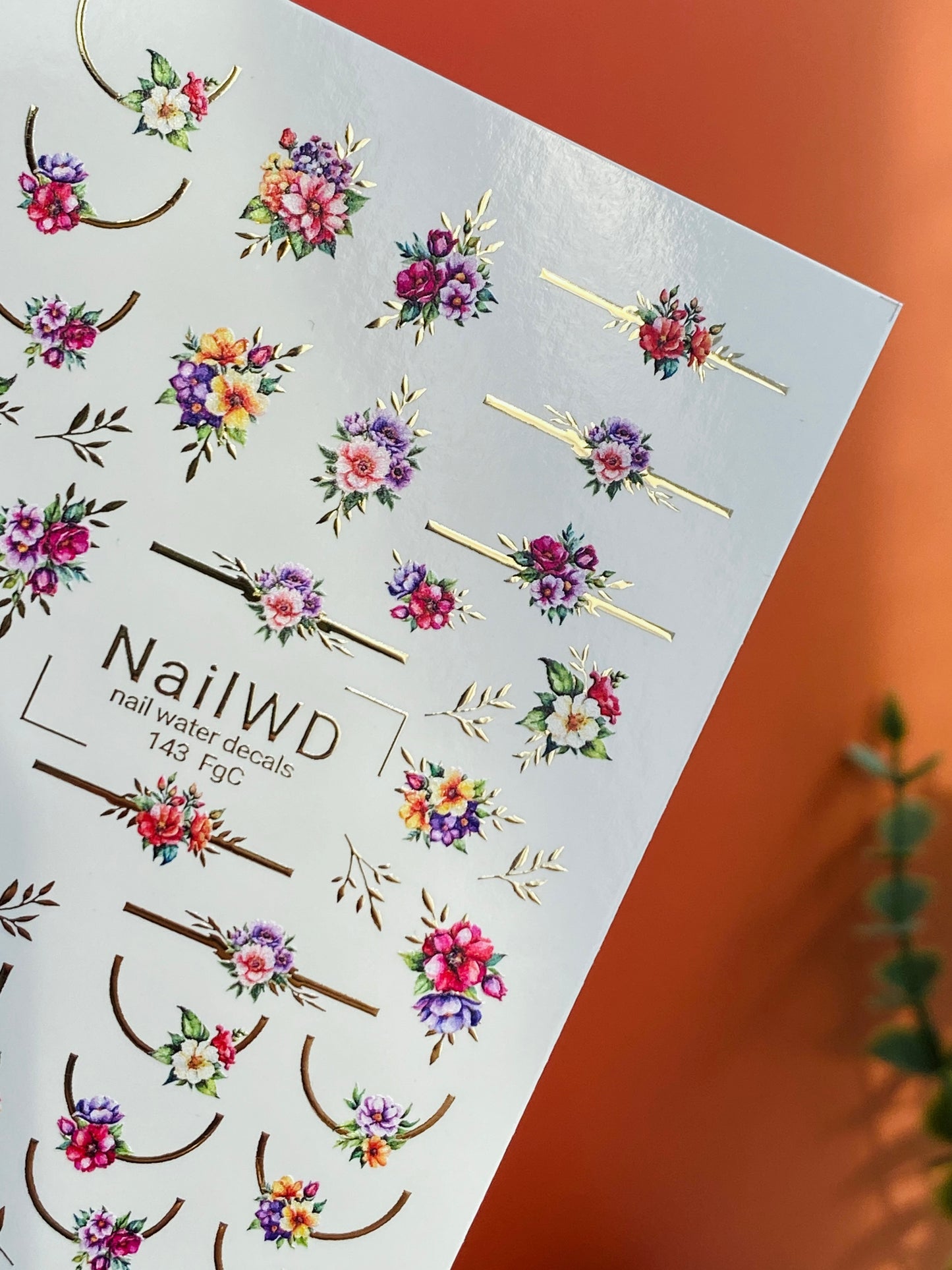 Nail Water Decal 143 NailWD | Water Slide Nail Decals Colorful Flowers | Floral French with Gold Accents
