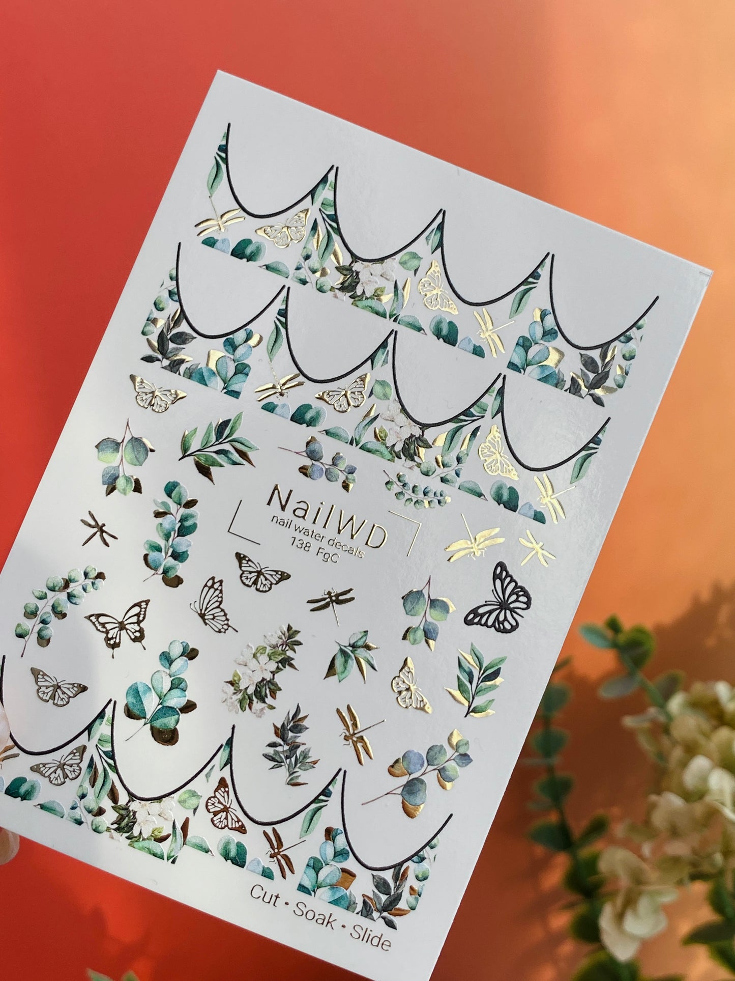 Nail Water Decal 138 NailWD | Water Slide Nail Decals Greenery French | Botanical Leaves & Butterflies