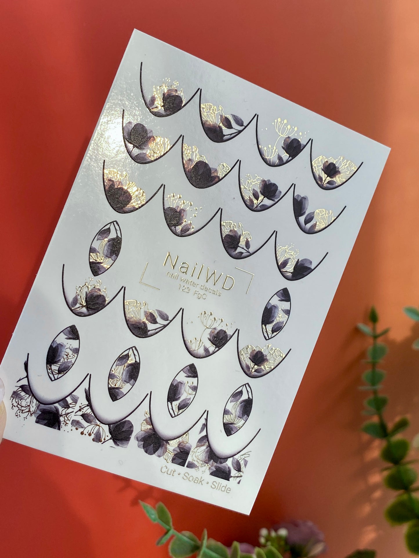 Nail Water Decal 123 NailWD | Water Slide Nail Decals Floral French | Black & Gold Botanical Design
