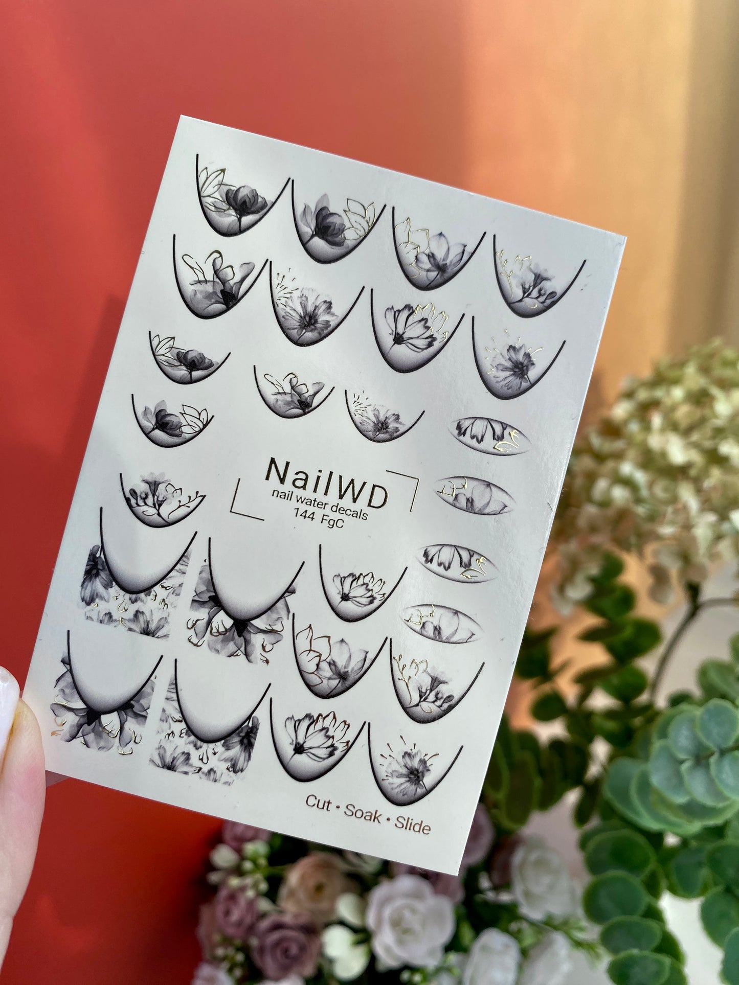 Nail Water Decal 144 NailWD | Water Slide Nail Decals Black & White Flowers | Elegant Floral French Design