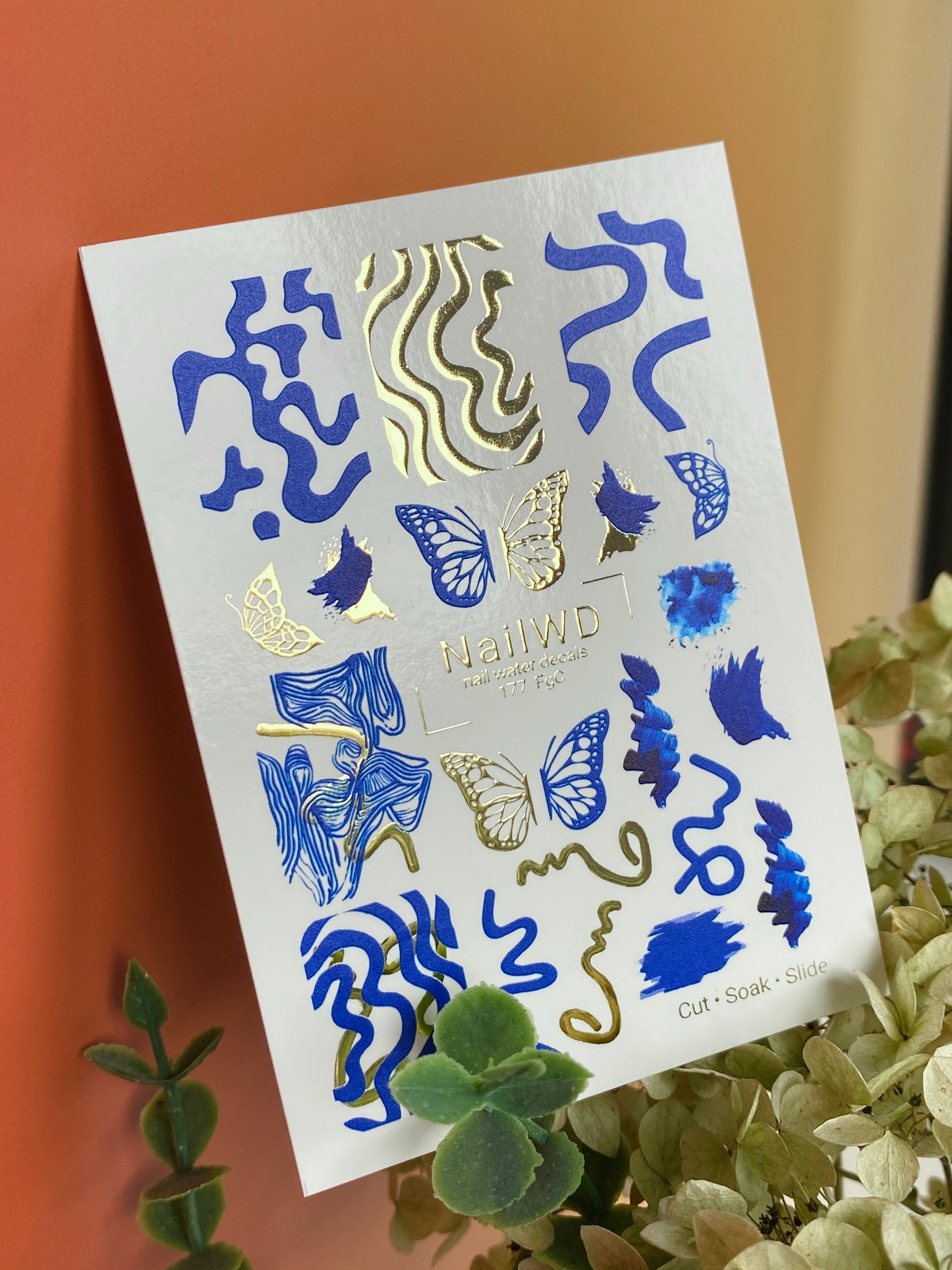Nail Water Decal 177 Nail WD | Water Slide Nail Decals Blue Abstract Waves & Butterflies | Nail Water Decals with Gold Accents