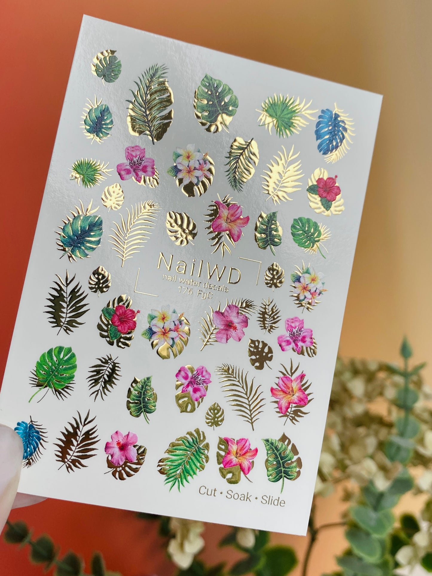 Adesivo per unghie ad acqua 176 Nail WD | Adesivi per unghie a scivolamento ad acqua foglie tropicali e ibisco | Adesivi per unghie ad acqua con design floreale esotico