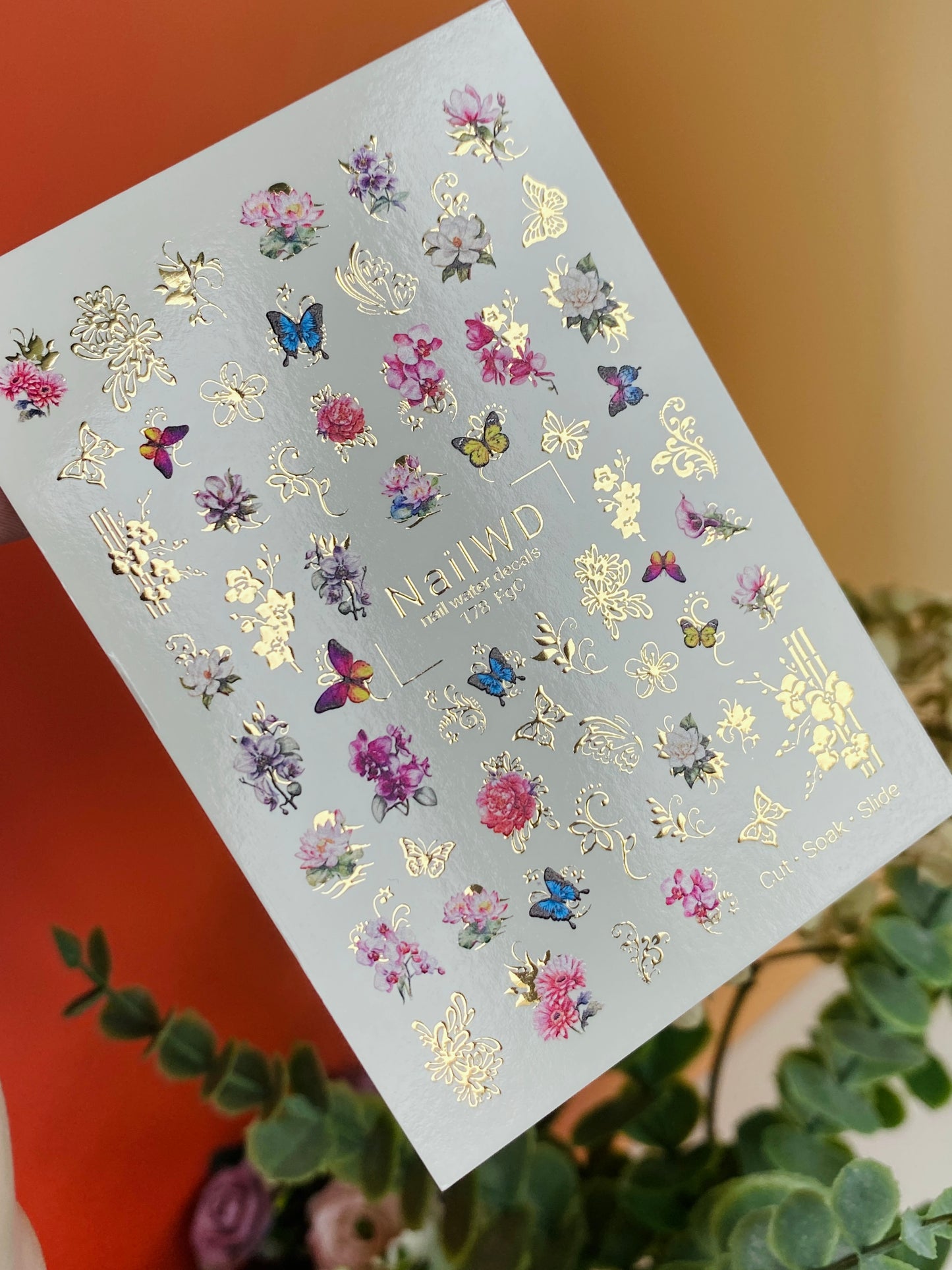 Nail Water Decal 178 Nail WD | Water Slide Nail Decals Floral Butterflies & Gold Ornaments | Nail Water Decals Romantic Flower Mix