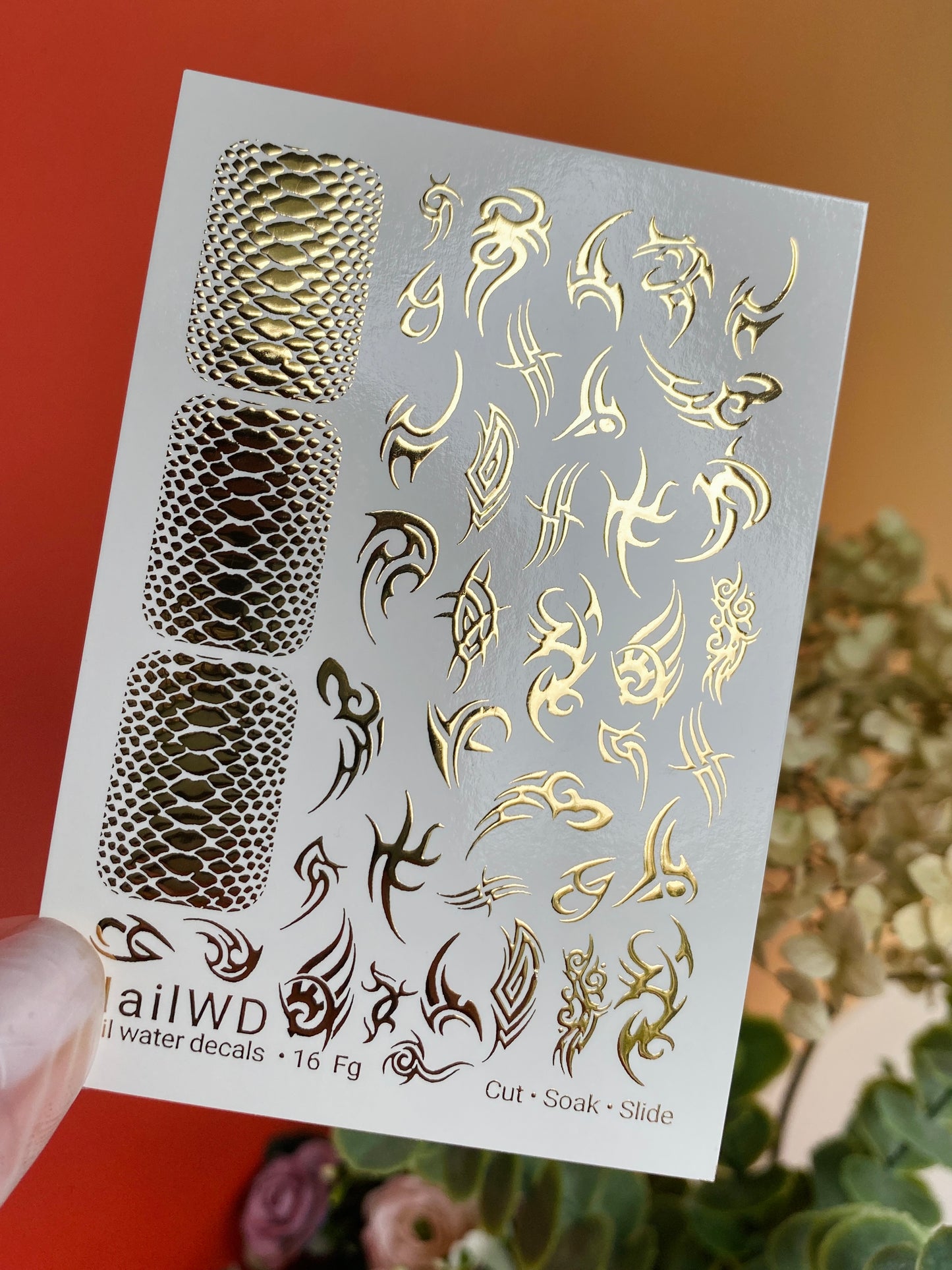 Nail Water Decal 16 NailWD | Water Slide Nail Decals with Gold Tribal and Snake Patterns | Edgy Nail Art Designs