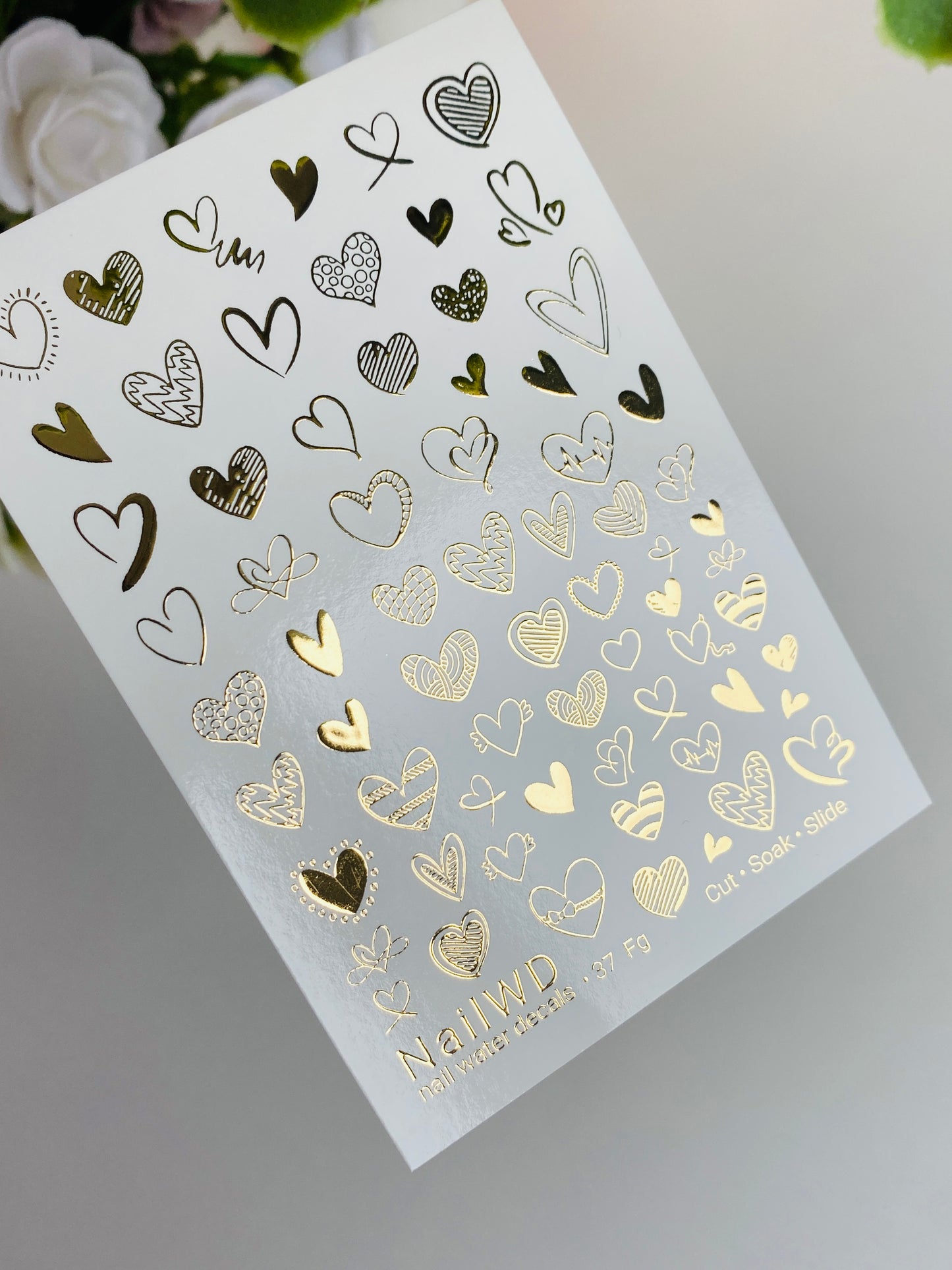 Nail Water Decal 37 NailWD | Heart Water Slide Nail Decals | Gold Foil Romantic Nail Art