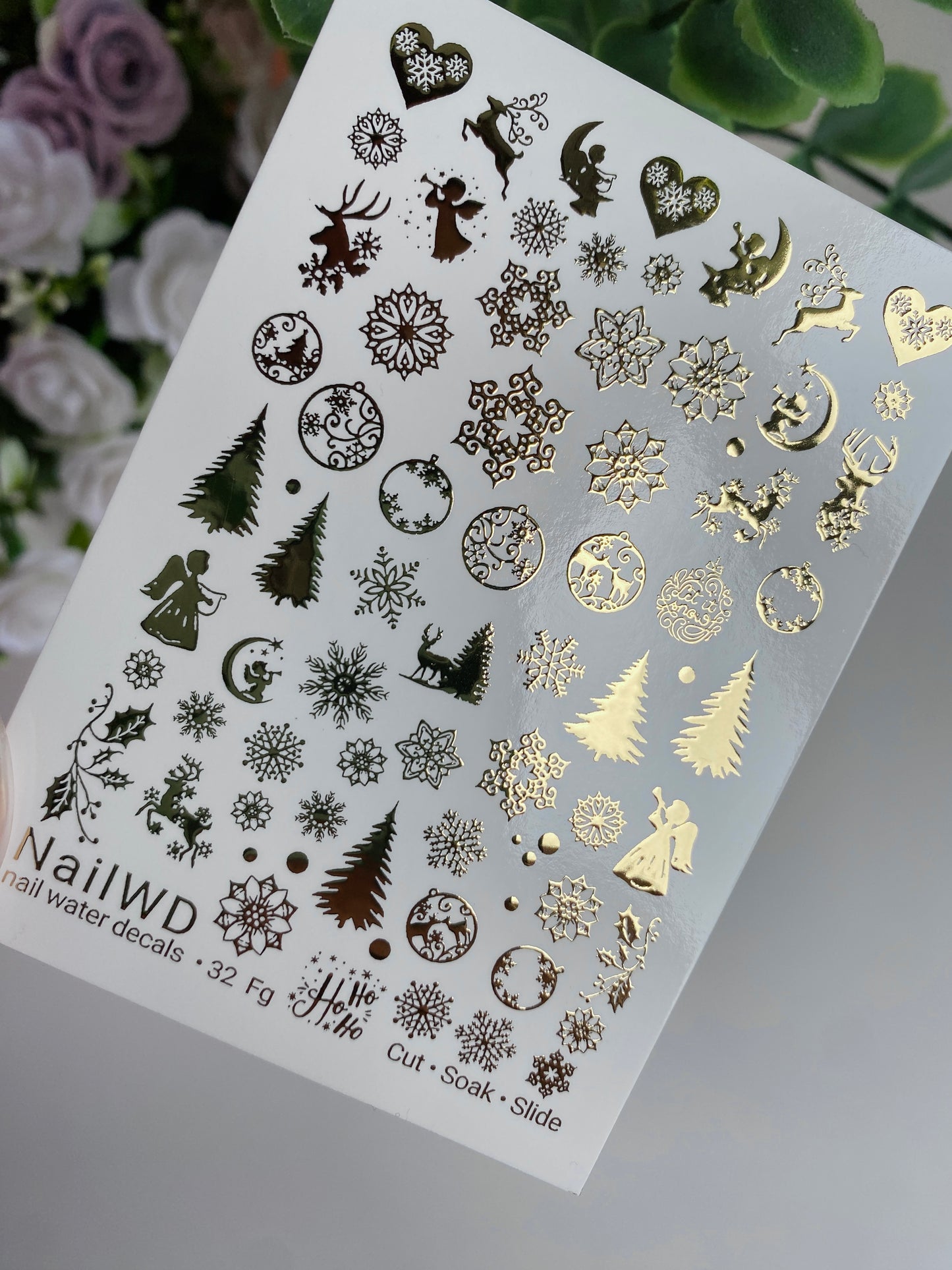 Küünte veekleebis 32 NailWD | Jõulude veeslaidiga küünte kleebised | Kuldne foolium lumekristallid ja puud