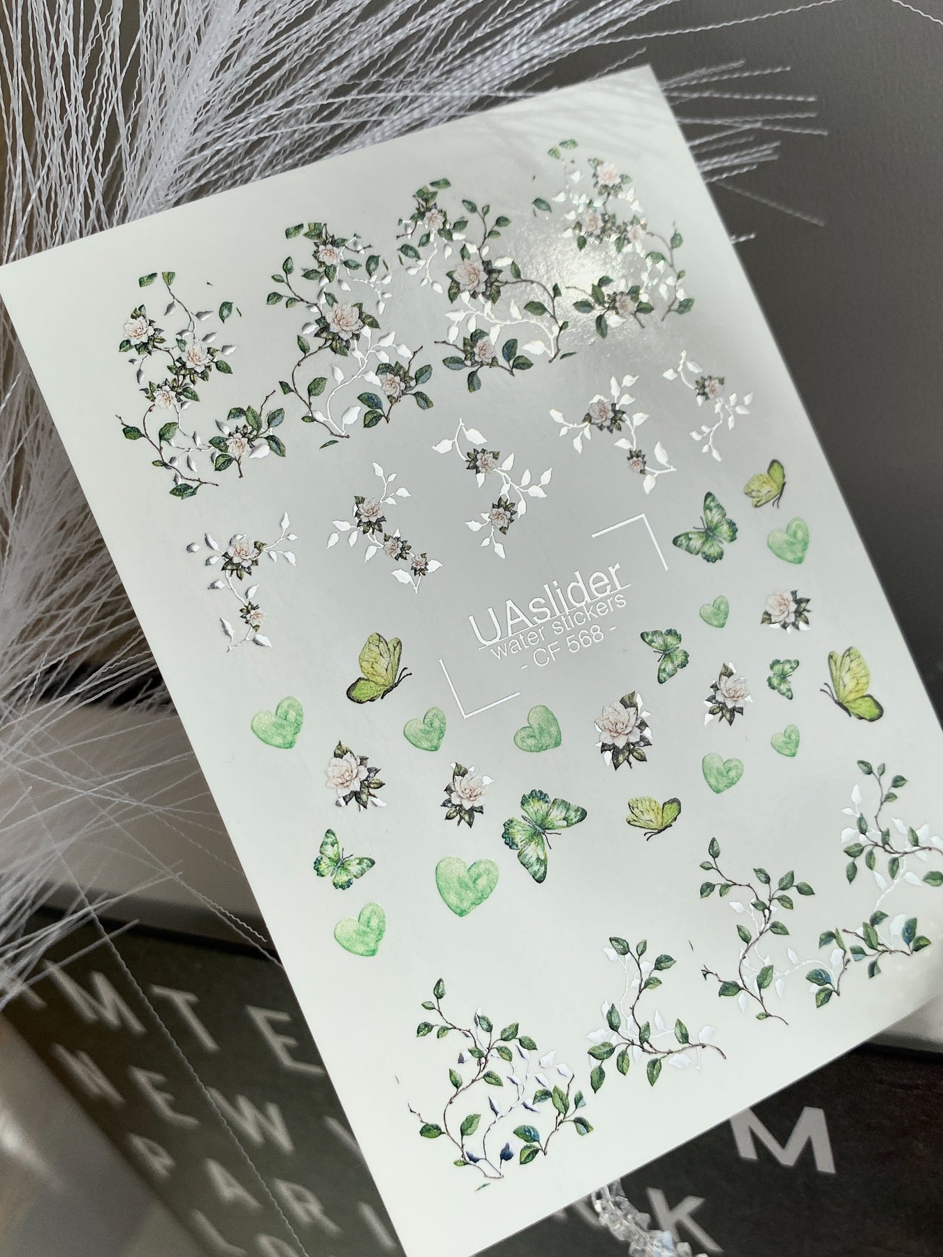 Nail Water Decal CF-568 | Water Slide Nail Decals with Green Butterflies and White Flowers | Botanical Nail Art
