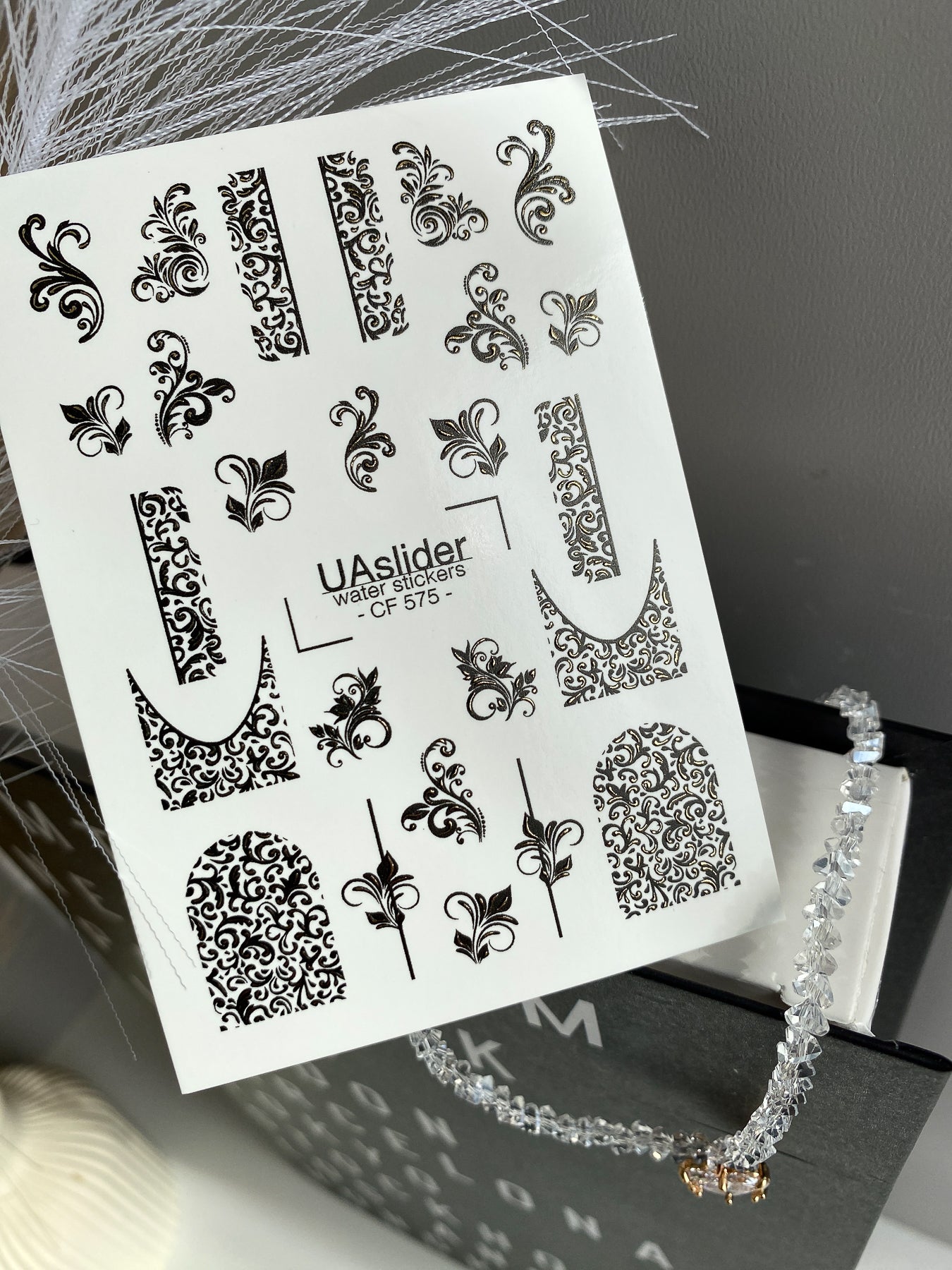 Nail Water Decal CF-575 | Water Slide Nail Decals with Baroque Ornaments | Black and Gold Ornamental Nail Art