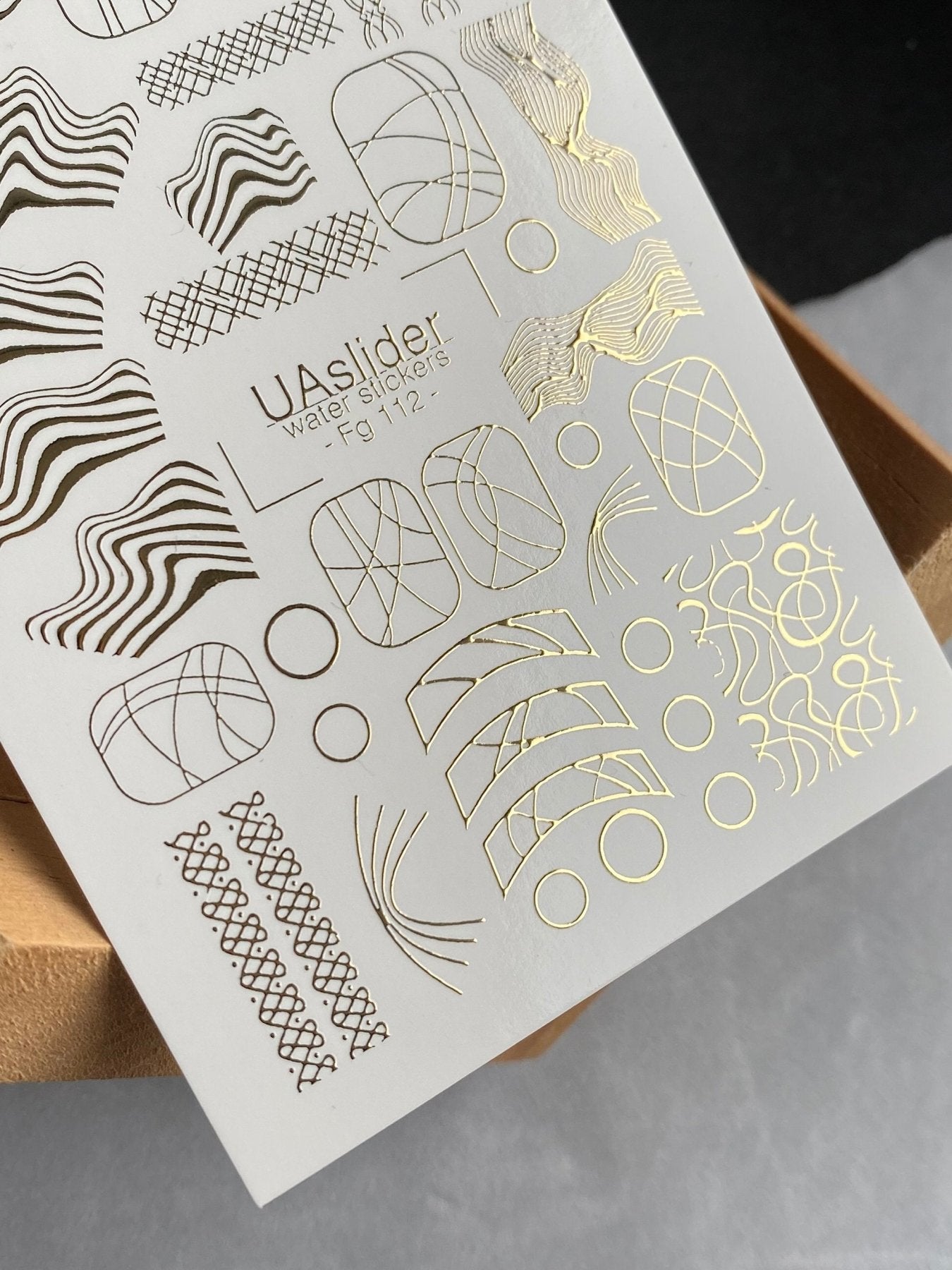 Nail Water Decal Fg-112 | Water Slide Nail Decals with Gold Abstract Patterns | Modern Art Lines - UASLIDER