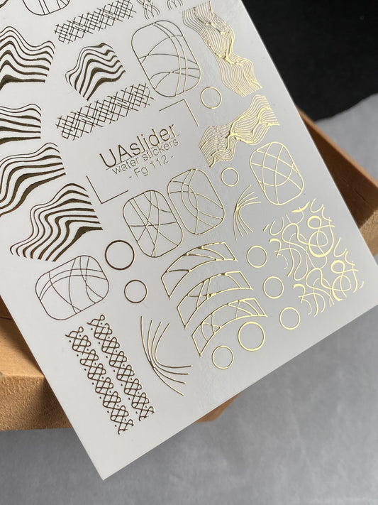 Nail Water Decal Fg-112 | Water Slide Nail Decals with Gold Abstract Patterns | Modern Art Lines