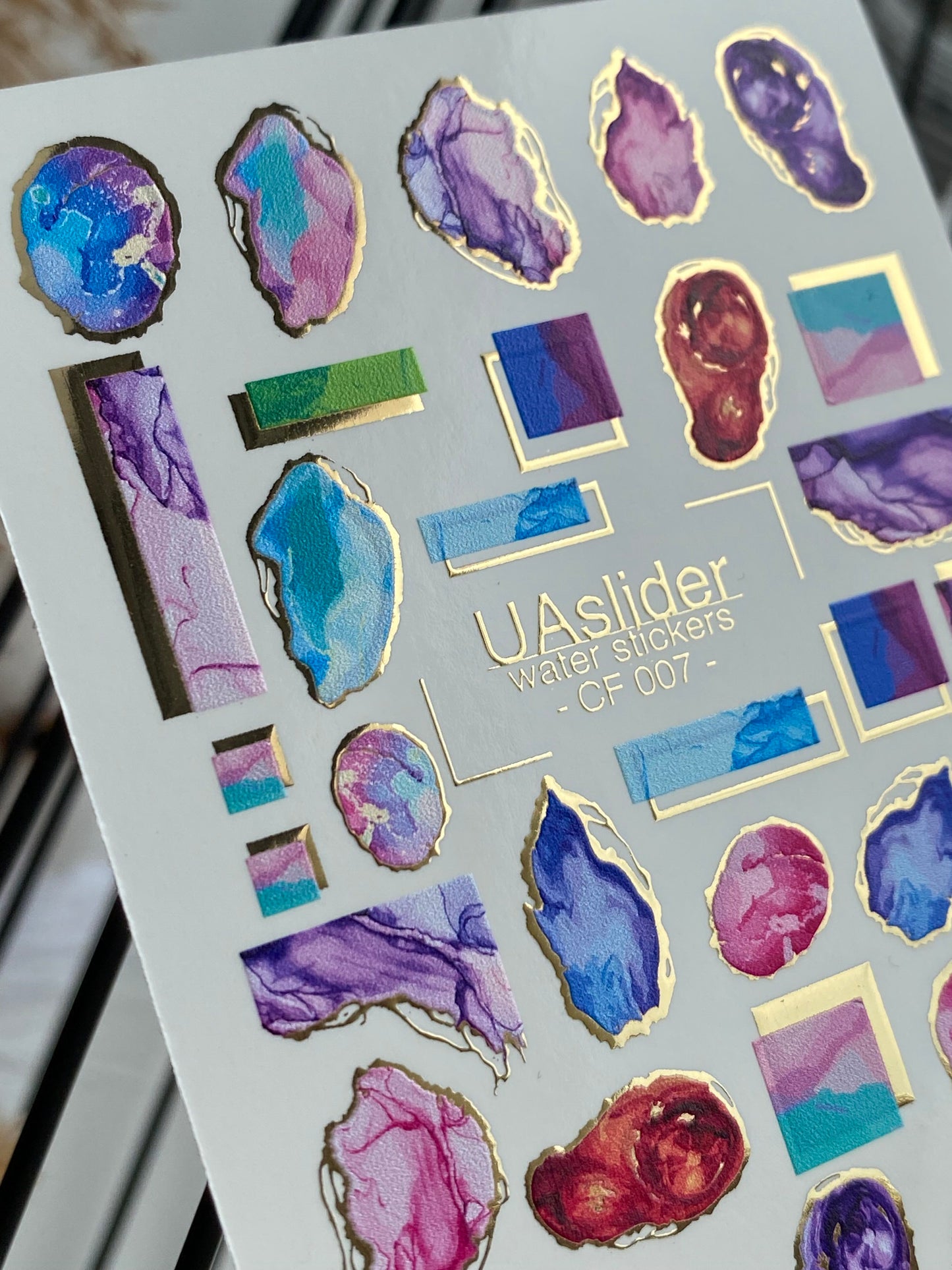 Nail Water Decal CF-007 | Marble Water Slide Nail Decals, Colorful Stones with Gold Foil Edges