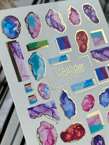 Nail Water Decal CF-007 | Marble Water Slide Nail Decals, Colorful Stones with Gold Foil Edges
