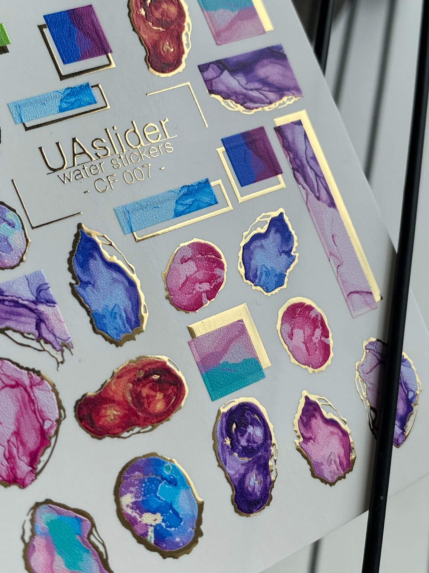 Nail Water Decal CF-007 | Marble Water Slide Nail Decals, Colorful Stones with Gold Foil Edges