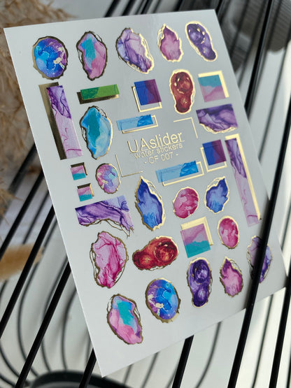 Nail Water Decal CF-007 | Marble Water Slide Nail Decals, Colorful Stones with Gold Foil Edges