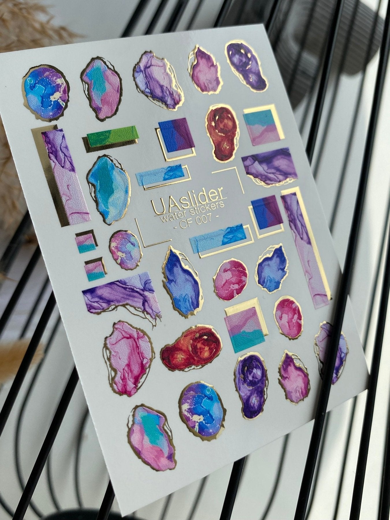 Nail Water Decal CF-007 | Marble Water Slide Nail Decals, Colorful Stones with Gold Foil Edges - UASLIDER