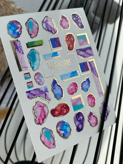 Nail Water Decal CF-007 | Marble Water Slide Nail Decals, Colorful Stones with Gold Foil Edges
