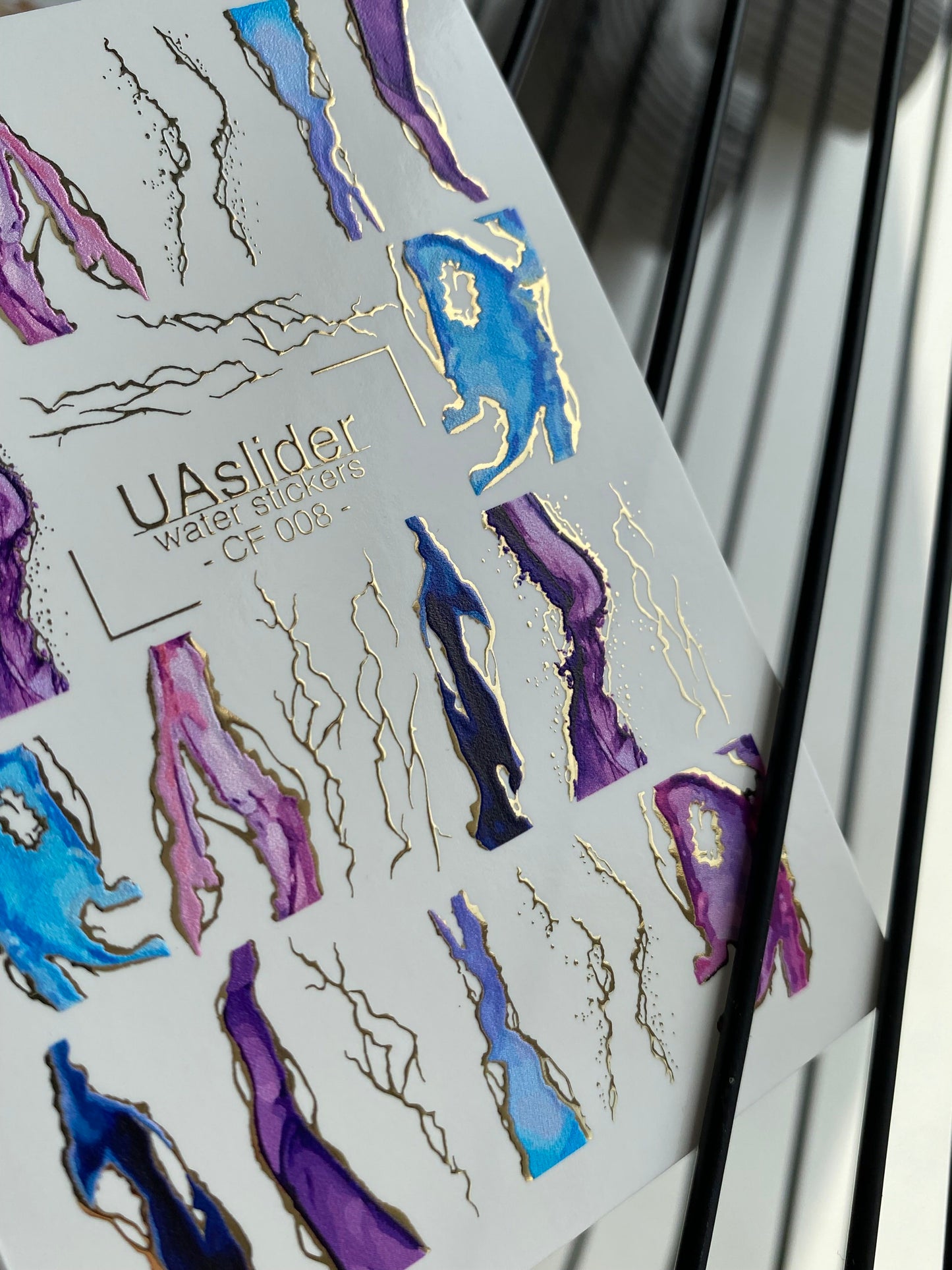 Nail Water Decal CF-008 | Marble Water Slide Nail Decals, Purple and Blue Textures with Gold Foil Veins