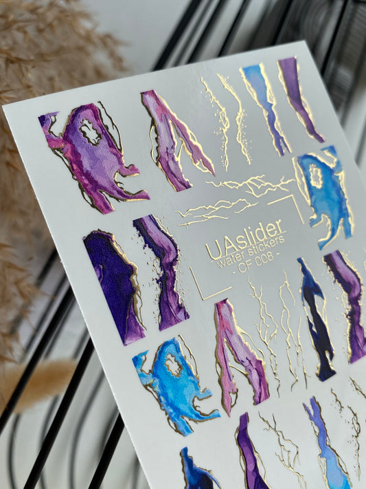Nail Water Decal CF-008 | Marble Water Slide Nail Decals, Purple and Blue Textures with Gold Foil Veins