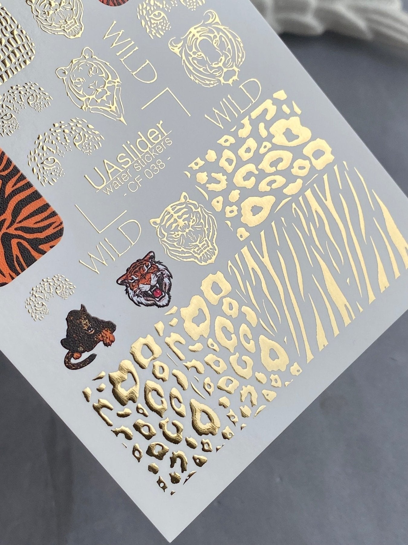 Nail Water Decal CF-038 | Animal Print Water Slide Nail Decals | Leopard, Tiger & Wild Patterns with Gold Foil - UASLIDER
