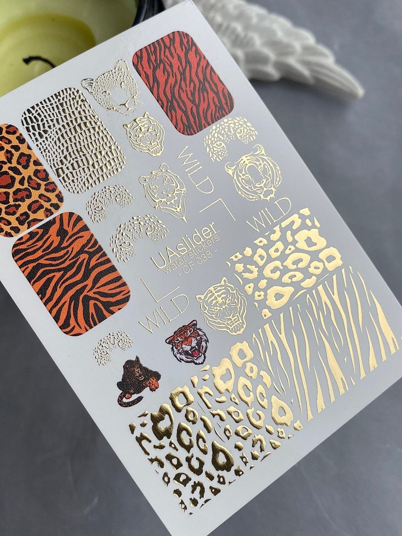 Nail Water Decal CF-038 | Animal Print Water Slide Nail Decals | Leopard, Tiger & Wild Patterns with Gold Foil - UASLIDER