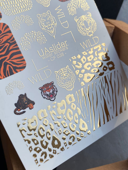 Nail Water Decal CF-038 | Animal Print Water Slide Nail Decals | Leopard, Tiger & Wild Patterns with Gold Foil